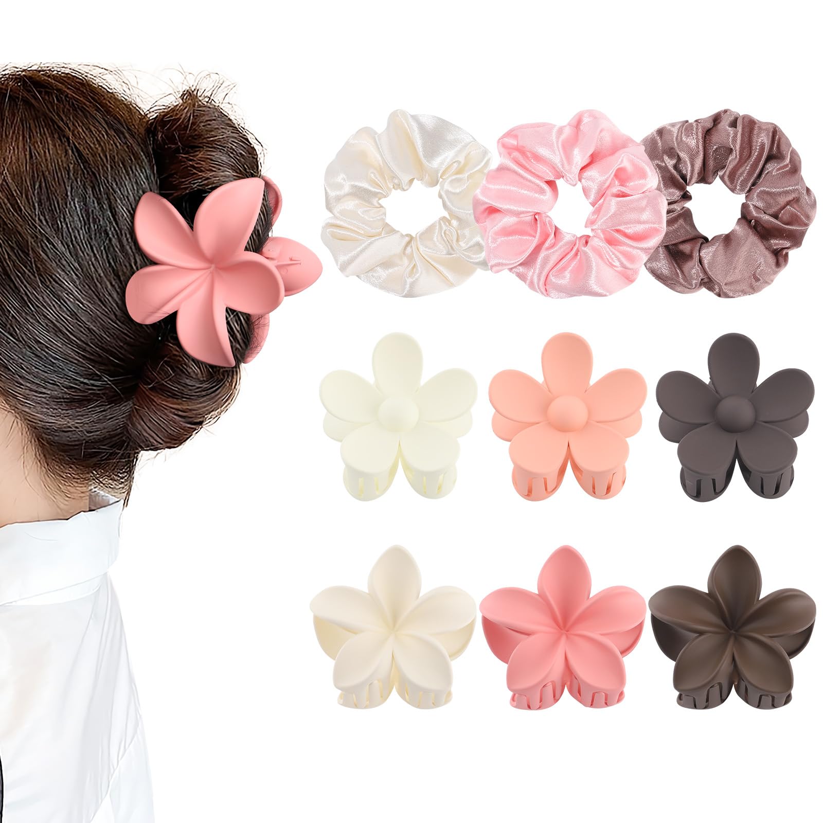 Ufgin Flower Hair Clips and Scrunchies Set - 6 Non-Slip Spring Clips + 3 Satin Hair Ties Flower Hair Claw Clips for Women ...