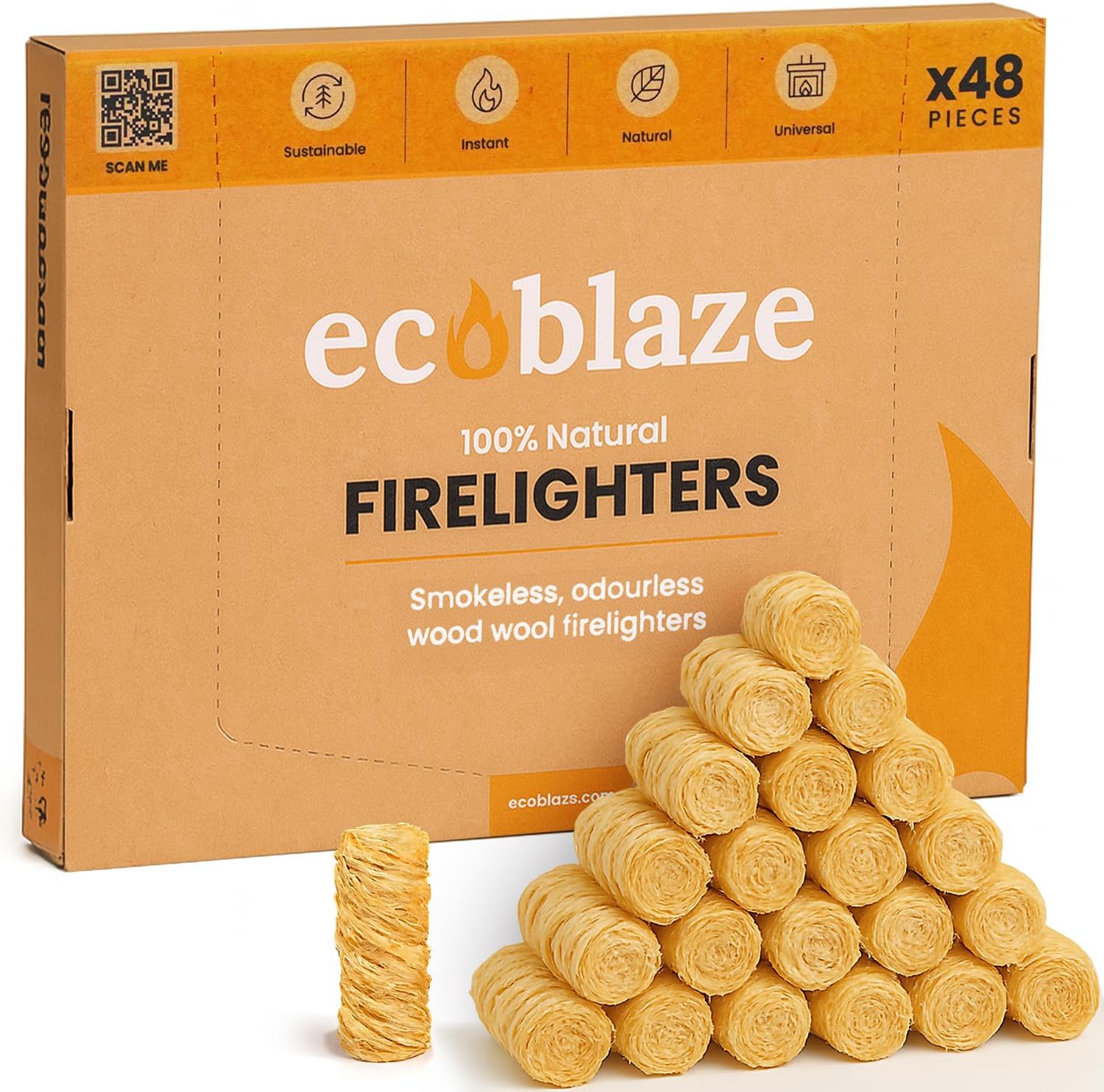 Ecoblaze Natural 50 Firelighters ​​- Fire Lighters for BBQ, Pizza Oven, Fire Pits - Wood Wool Fire Starters - Perfect for Garden Life & Camping, Safe, Clean Wax Coated Instant Firestarter