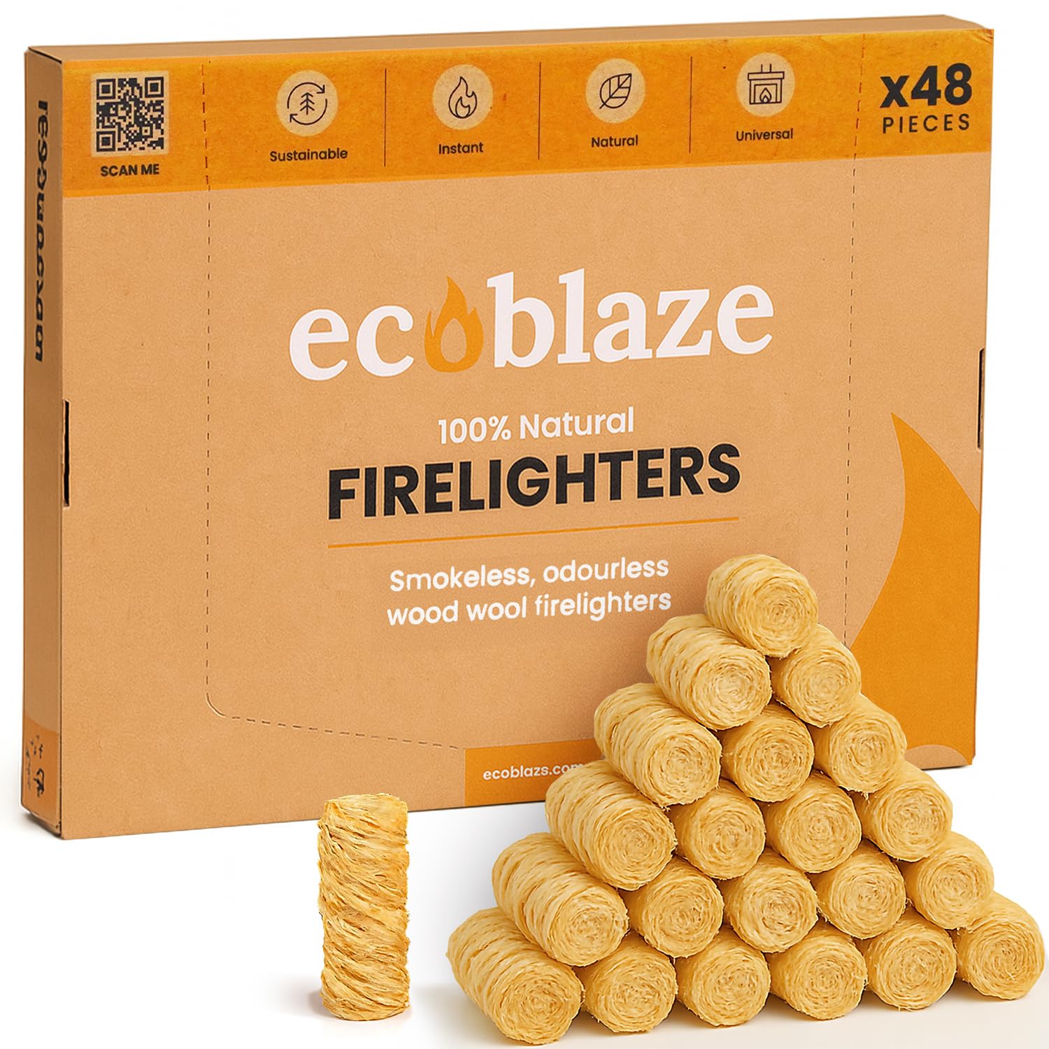 Ecoblaze Natural 48 Firelighters – Wood Wool Fire Starters for BBQs, Fire Pits & Pizza Ovens – Wax Coated Firelighters for Camping, Garden & Indoor Fires – Quick & Clean Ignition