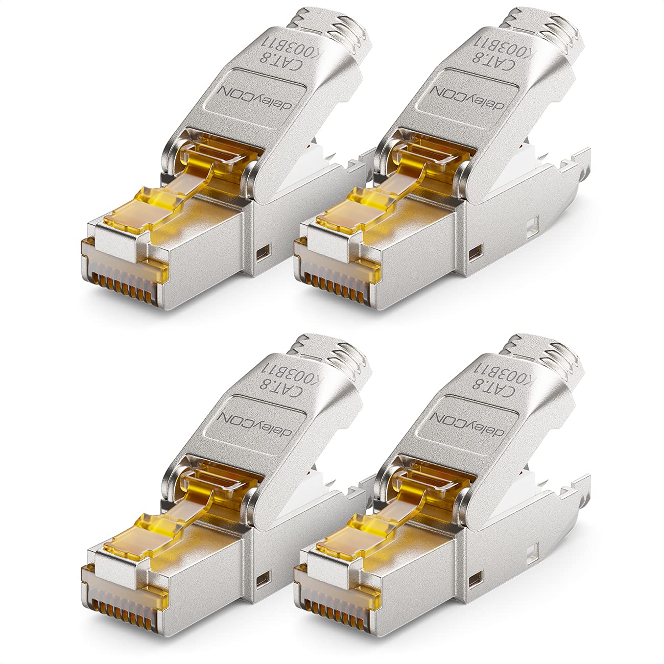 deleyCON 4x CAT 8 Prise Réseau RJ45 Sans Outil Prise Réseau 40 Gbit/s Blindée pour Câbles d'Installation Rigides de Câble Brut Connecteur RJ45 Ethernet LAN DSL Câble de Brassage