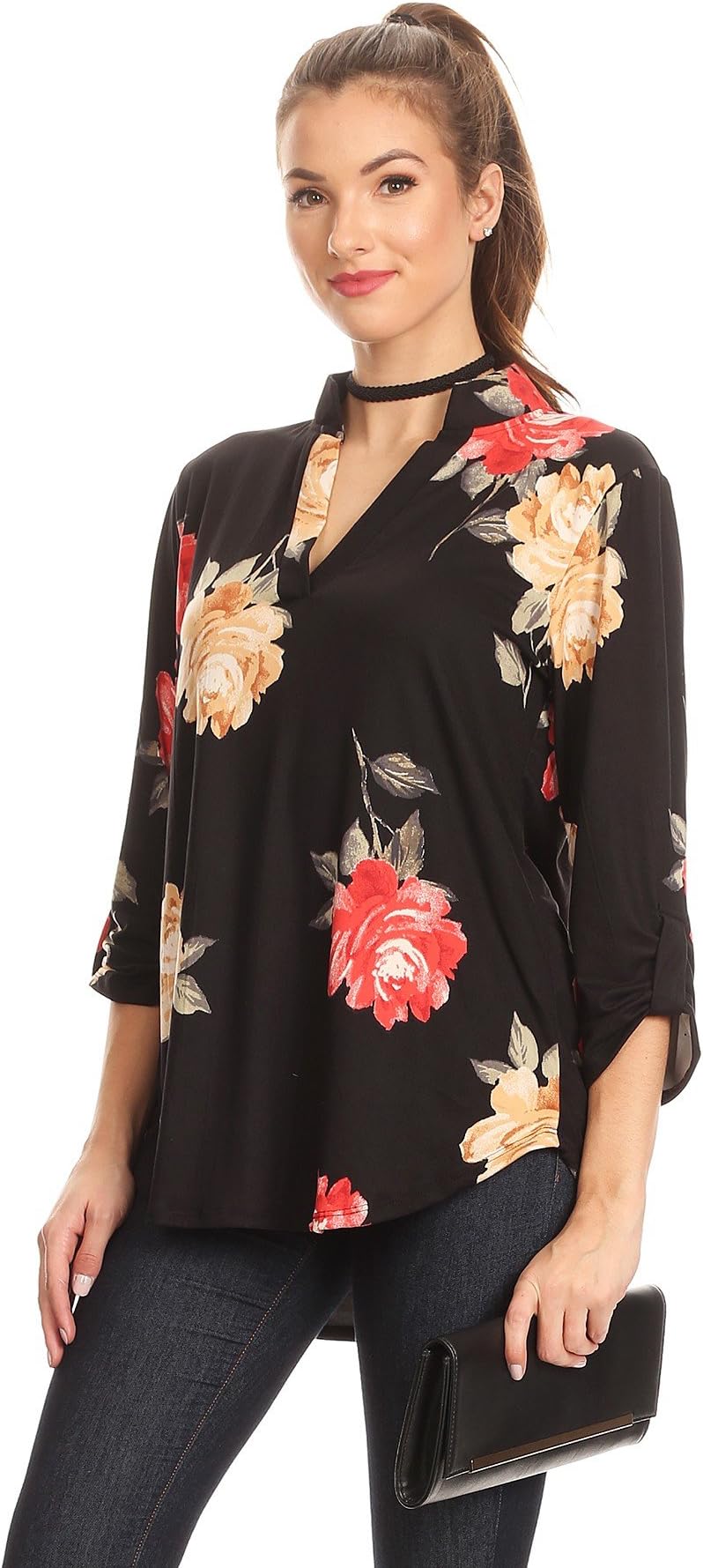 Nelly Aura 3/4 Sleeve Stylish V-Neck Tunic Top Fashion Shirt Blouse w/ Shirt Tail Hem - MADE IN USA - All Sizes + Colors