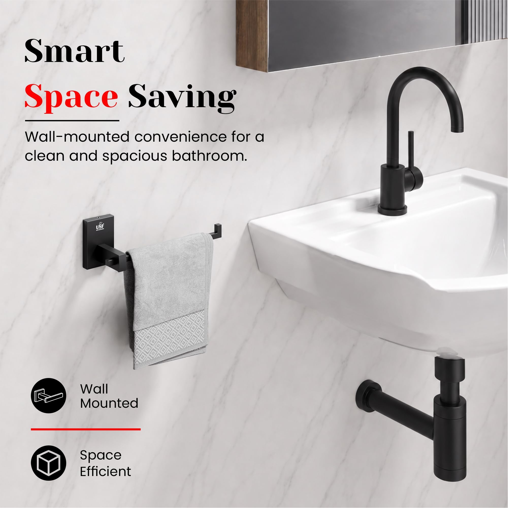 USF Stainless Steel Grade 304 Space Saving Towel Ring Holder for Bathroom | Napkin Rings & Hanger for Wash Basin & Sink | Anti Rust Corrosion | 25 Years Warranty (Black) Orizon — Amazon image 7