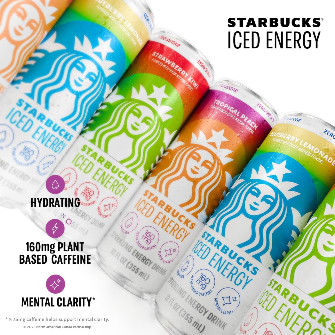 Starbucks Iced Energy Drink, 3 Flavor Variety Pack (Tropical Peach, Watermelon Splash, Blueberry Lemonade), Zero Sugar Energy Drink, Plant Based Caffeine, Hydration, Mental Clarity, 12x12 Fl Oz Cans