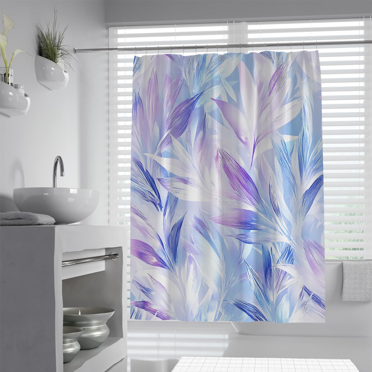 UIRINGART Tropical Feather Leaf Shower Curtain W100xL180cm Abstract Purple Blue Plant Pattern Print Mildew Resistant Bathroom Curtain Rustproof Grommets Home Hotel