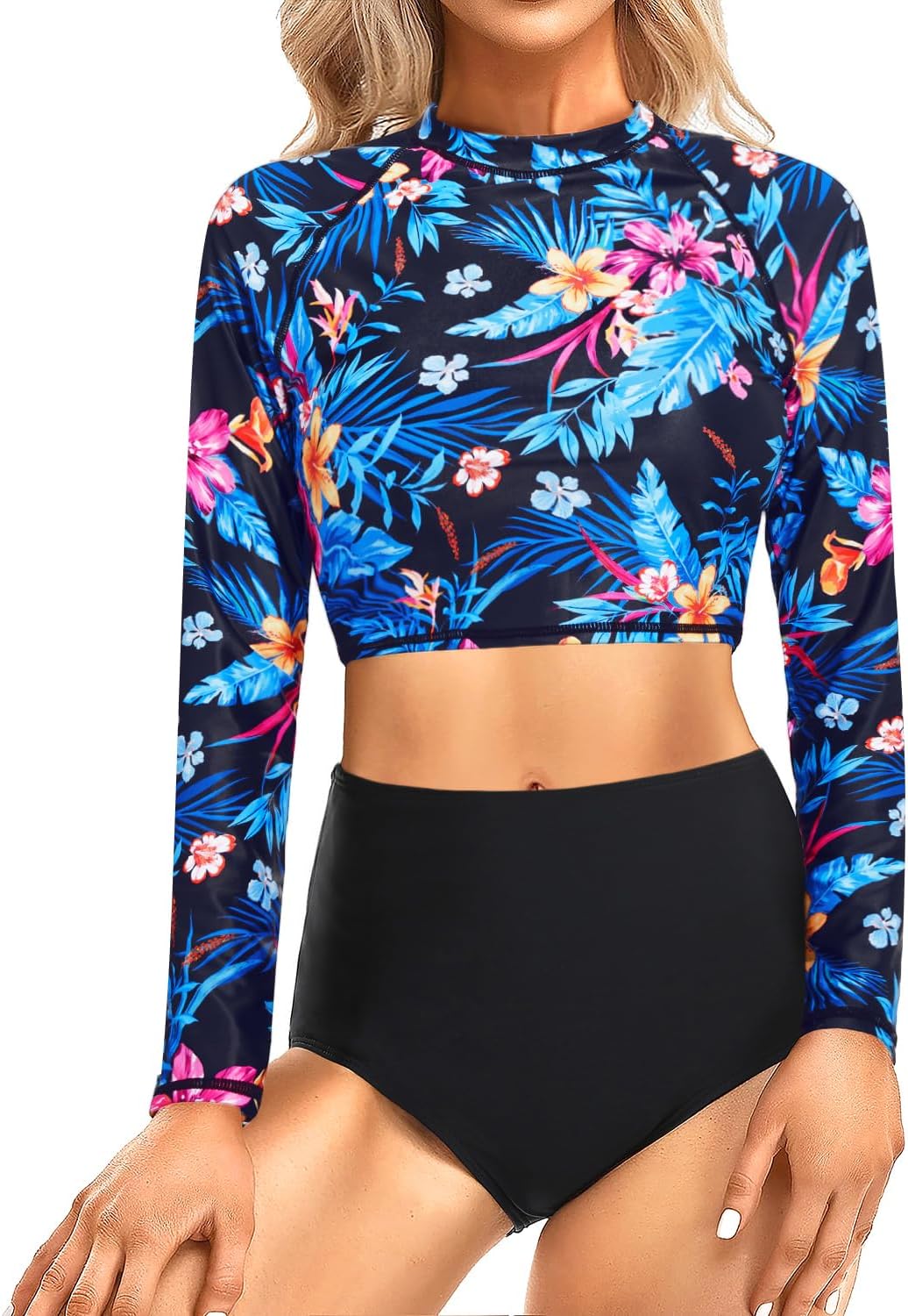 Pinup Fashion Long Sleeve Rash Guard - 2 Piece Swimsuit Bathing Suits with Bottom Swim Top UV UPF 50+