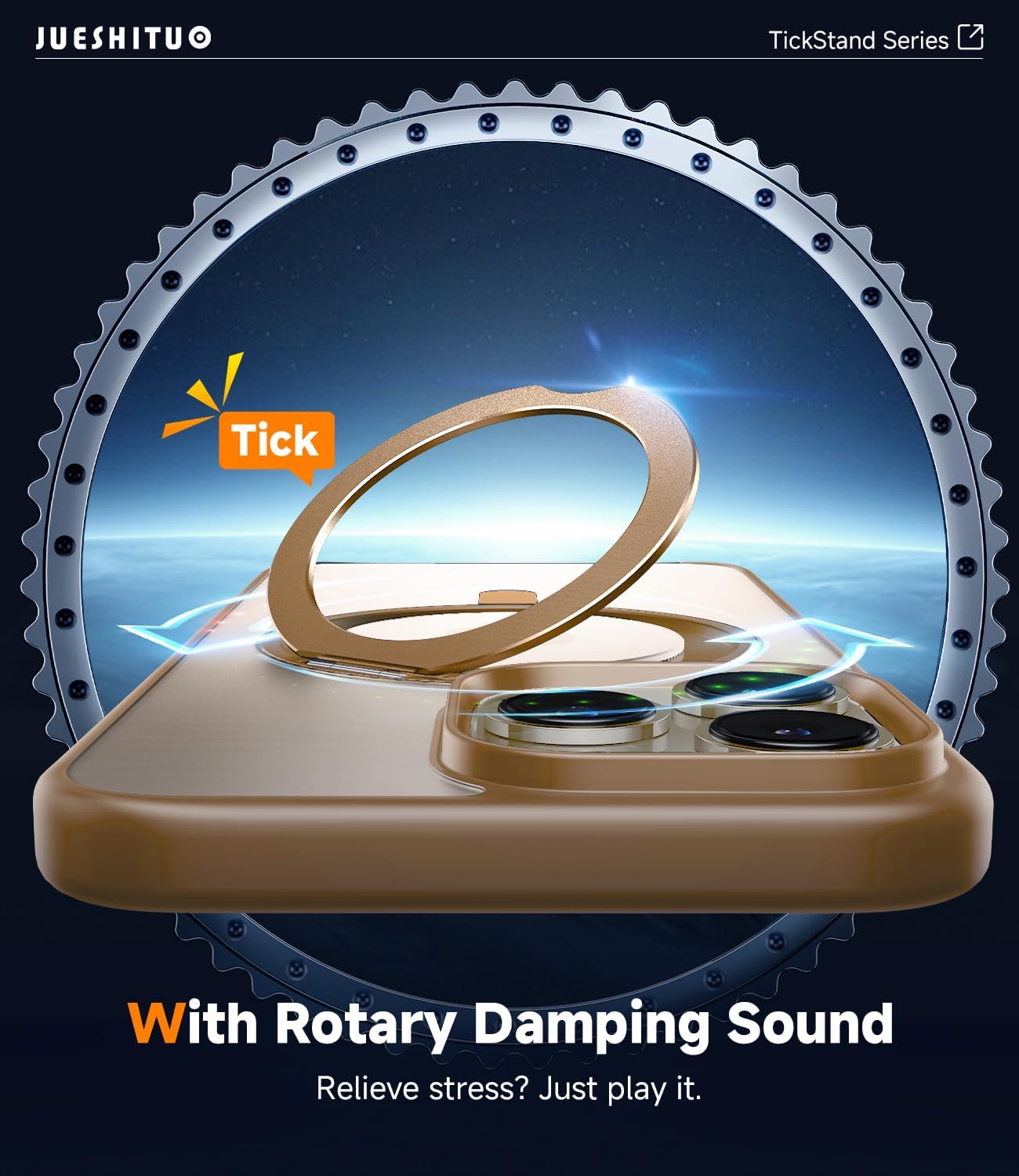 JUESHITUO 3 in 1 for iPhone 16 Pro Max Case, 360° Rotatable Magnetic Ring Stand with [Rotary Damping Sound] [1X Screen Protector+1X Camera Lens Protector] Shockproof Phone Cover 6.9", Desert Brown