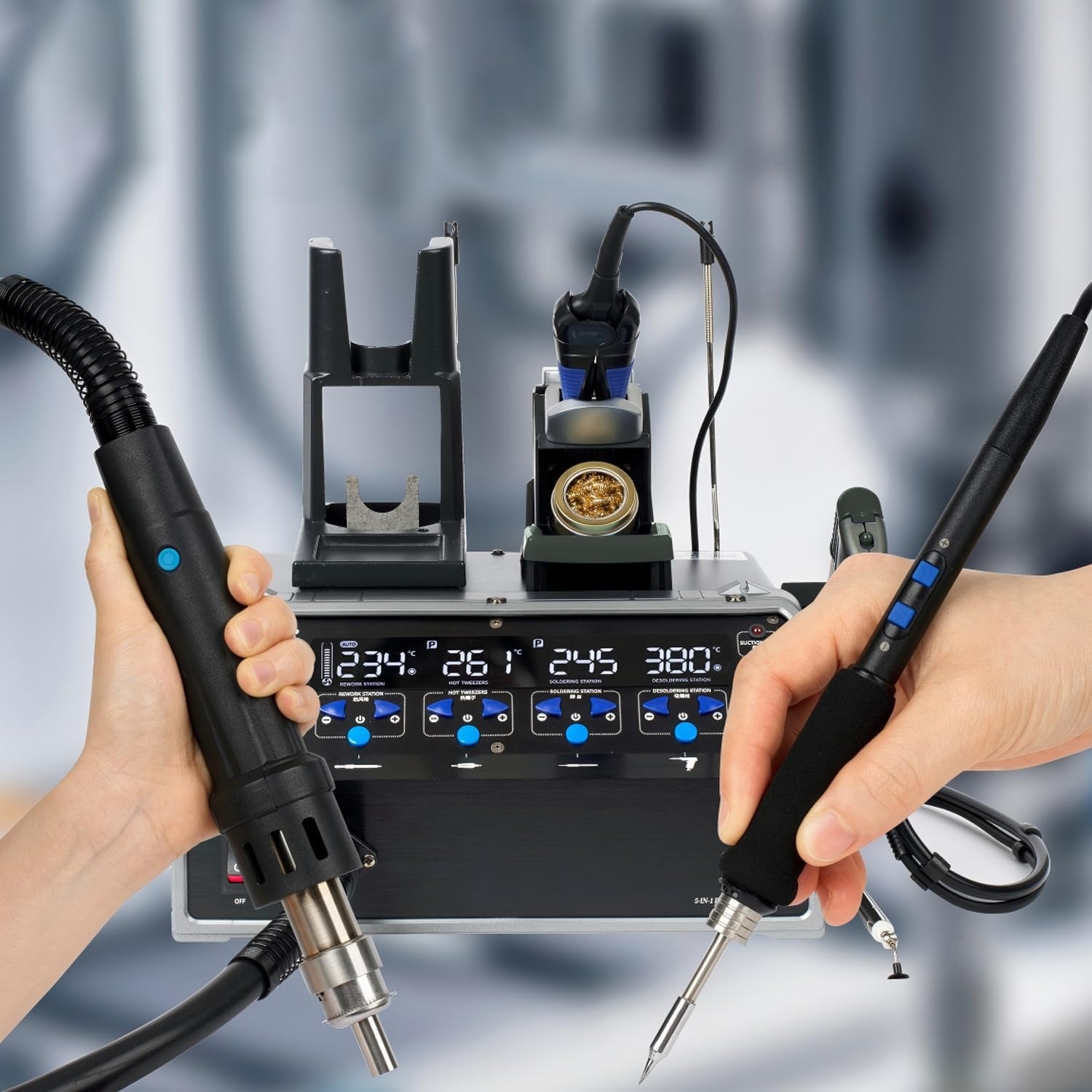 5-in-1 Soldering & Rework Station, Precision SMD Rework System with Hot Air Gun, Soldering Iron, Desoldering Tool, Fast Heating, Stable Temperature Control, Multi-Tool Bundle for Electronics Repair