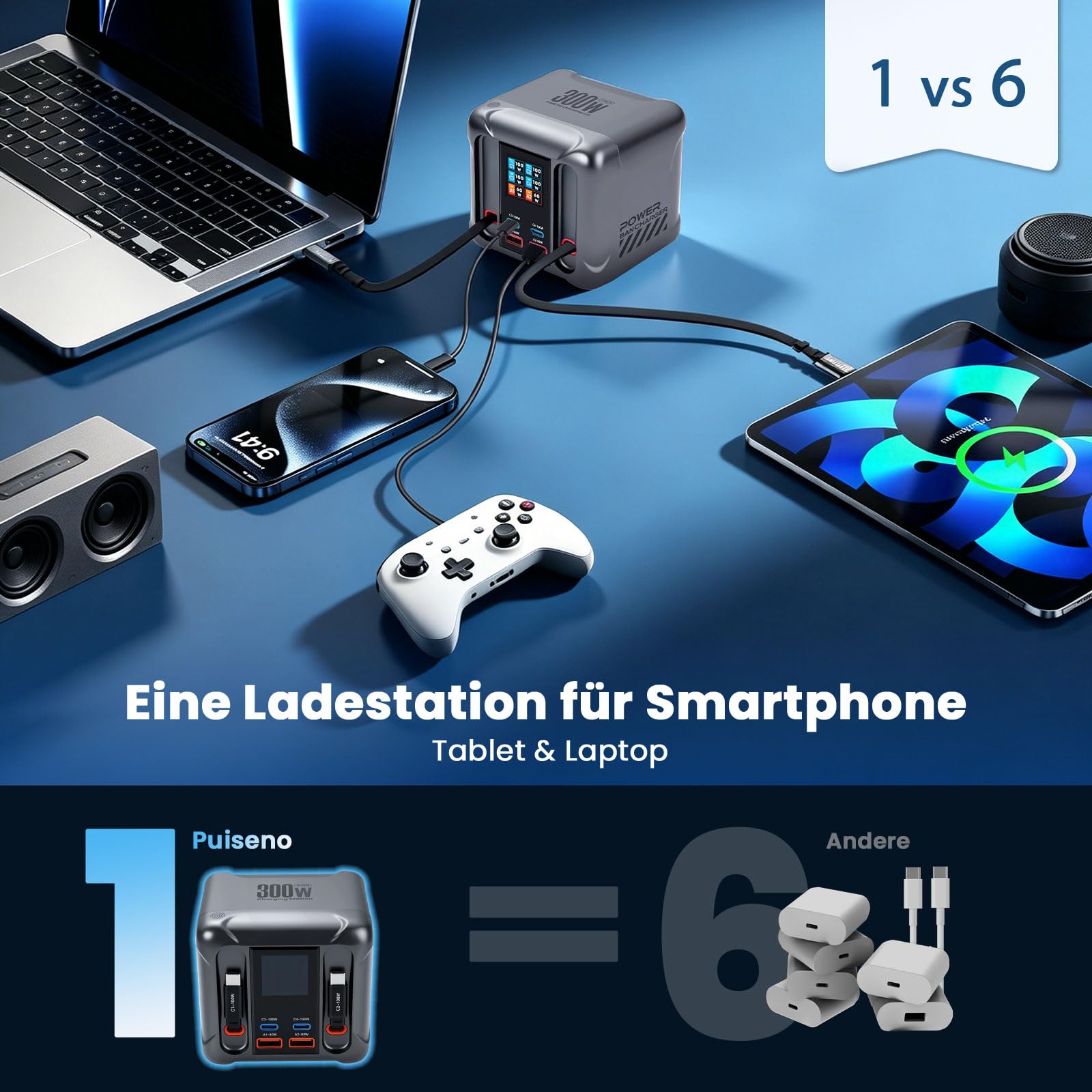 Caricatore USB C 6 in 1 e 300 W, display LCD, stazione di ricarica GaN ultra veloce (2 cavi + 2C + 2 A) Max PD100W/QC60W, caricatore multiplo USB, compatibile con iPhone 17/16/15, iPad, Android e