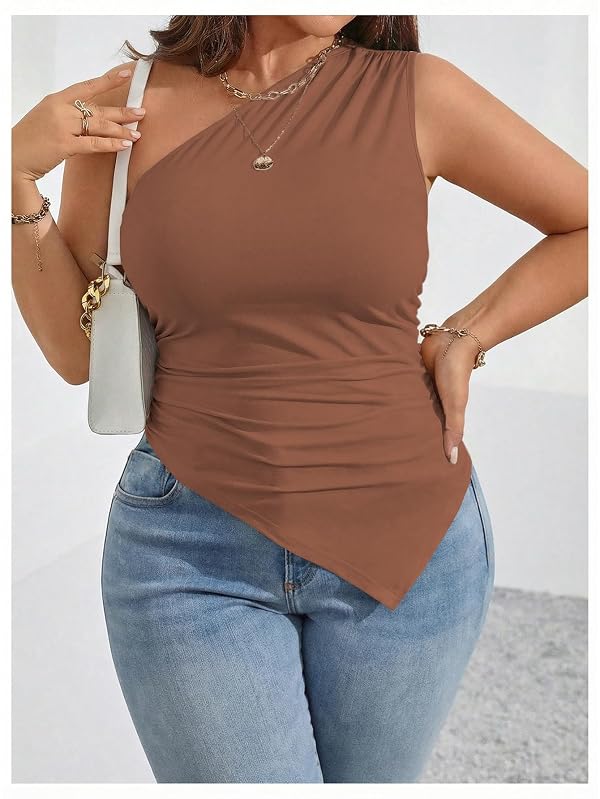 WDIRARA Women's Plus Size One Shoulder Asymmetrical Tank Tops Coffee Brown by WDIRARA - Used condition - Image 6