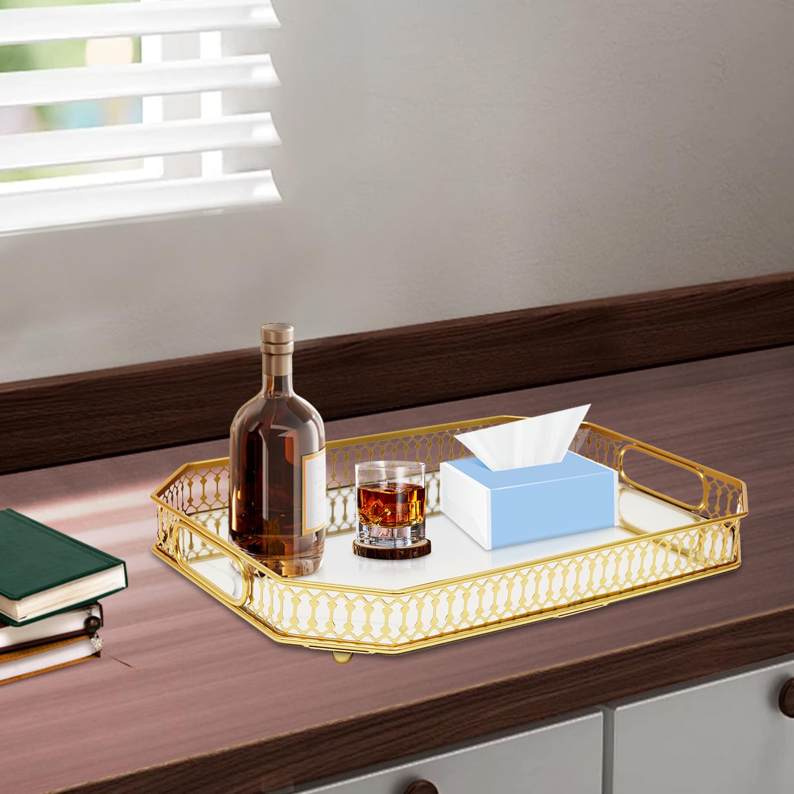 Bandeja dorada para servir 35 x 25 cm, hierro y cristal, revestimiento galvanizado, con borde y patas esféricas, bandeja para frutas, cosméticos y joyas, bandeja decorativa
