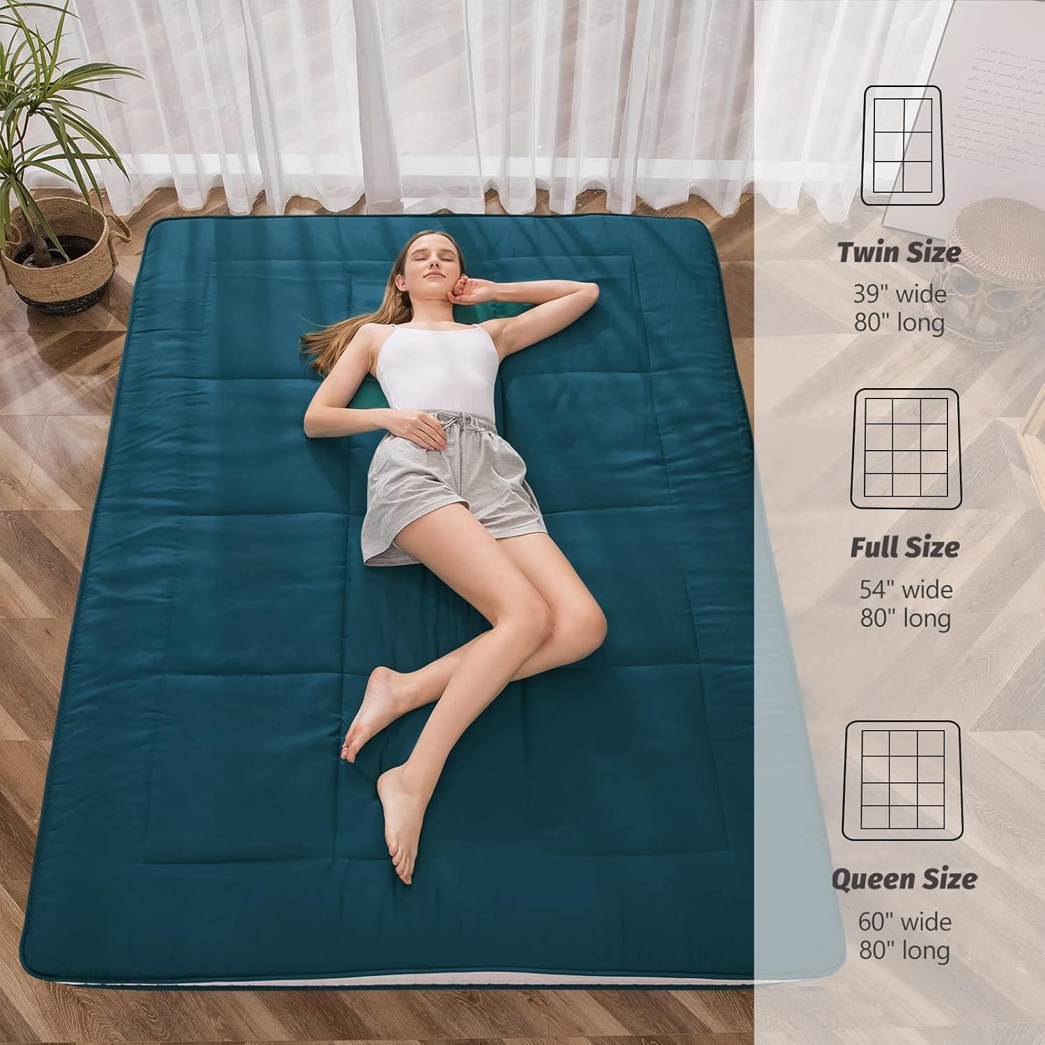 MAXYOYO Futon Mattress, Padded Japanese Floor Mattress Quilted Mattress Topper, Extra Thick Folding Sleeping Pad Breathable Floor Lounger Guest Couch for Camping, Bluestone, Full Size