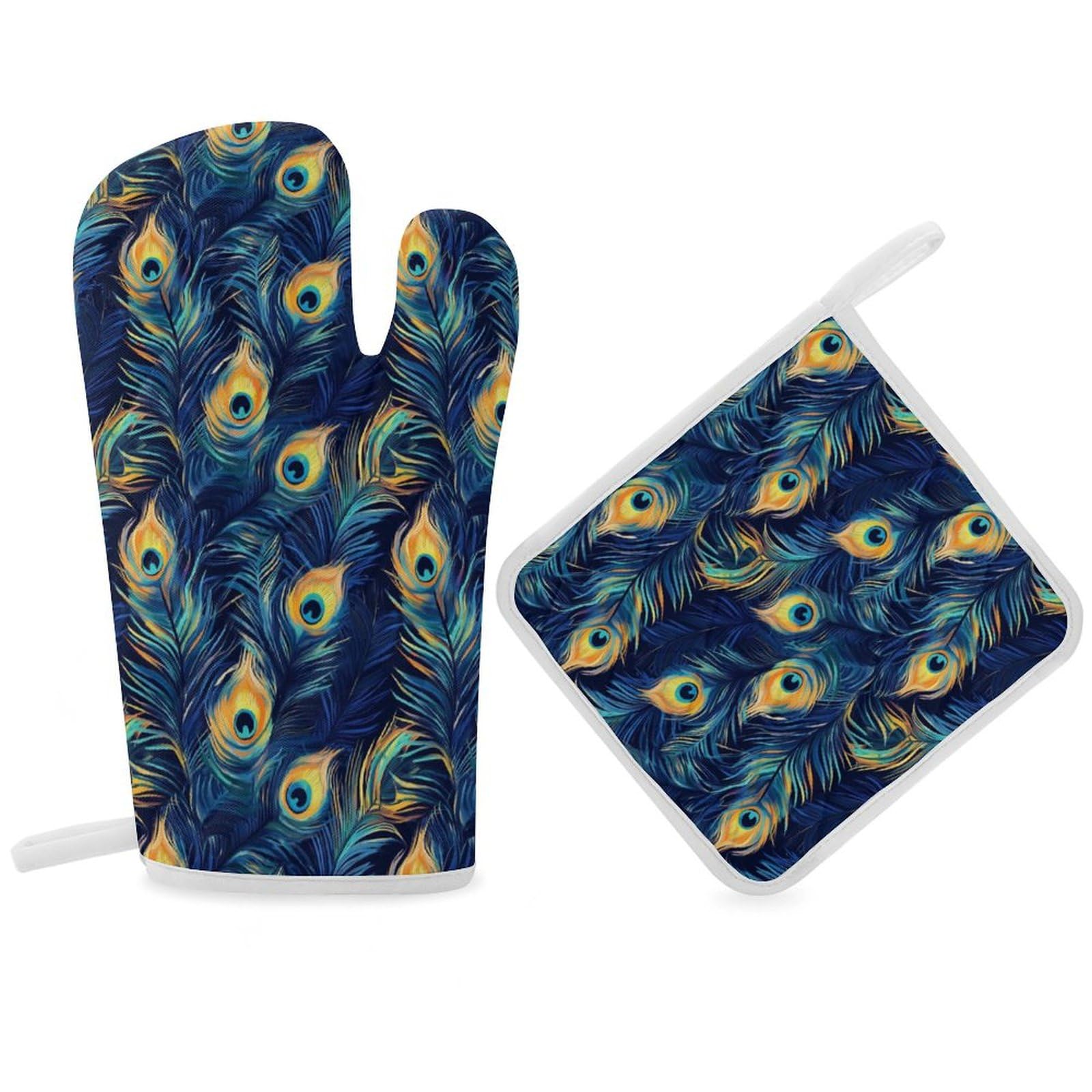 Peacock Feathers Heat Resistant Oven Mitts and Pot Holders Sets Waterproof Potholders with Finger Position Gloves for Cooking
