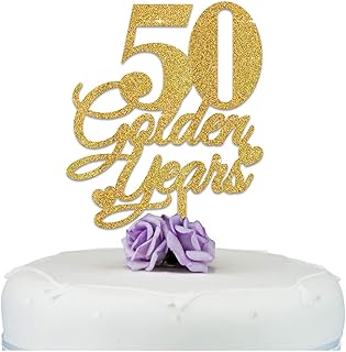 Golden 50th Wedding Anniversary Cake Topper - 25th 30th 40th 50th 60th Anniversary Cake Decoration - Pearl Ruby Diamond Golden Anniversary Cake Topper - Glitter Acrylic or Wood Cake Topper
