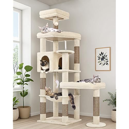 Globlazer Extra Large Platform Cat Tree, 65in Tall Sturdy Cat Tree for Indoor Cats Large Adult, Big Cat Tower for Big Cats with 3 Enlarged Perches, 6 Scratching Posts, Cat Condo, Hammock, S65, Beige