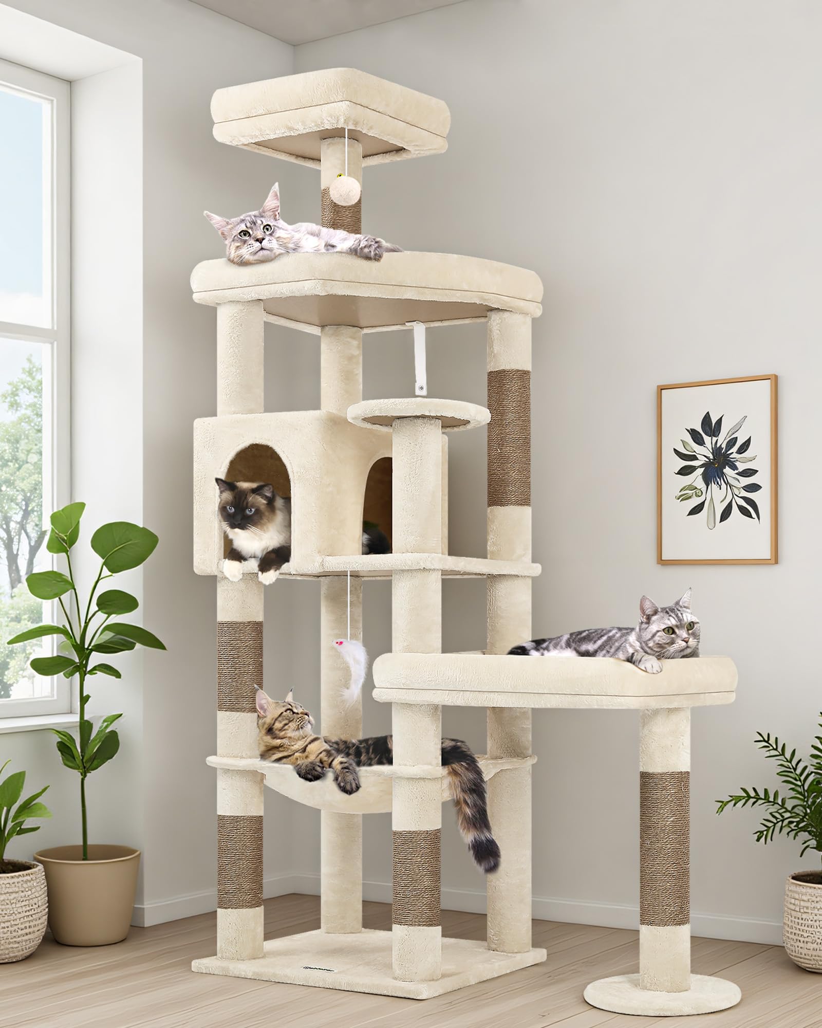Globlazer Tiragraffi Beige per Gatti Grandi Alto 165cm con 2 Grandi Imbottiti Piattaforma 48*42CM, Extralarge Amaca, Grotte, Trespoli, Albero Torre Stabile con Supporto per Grande Gatto (S65, Beige)