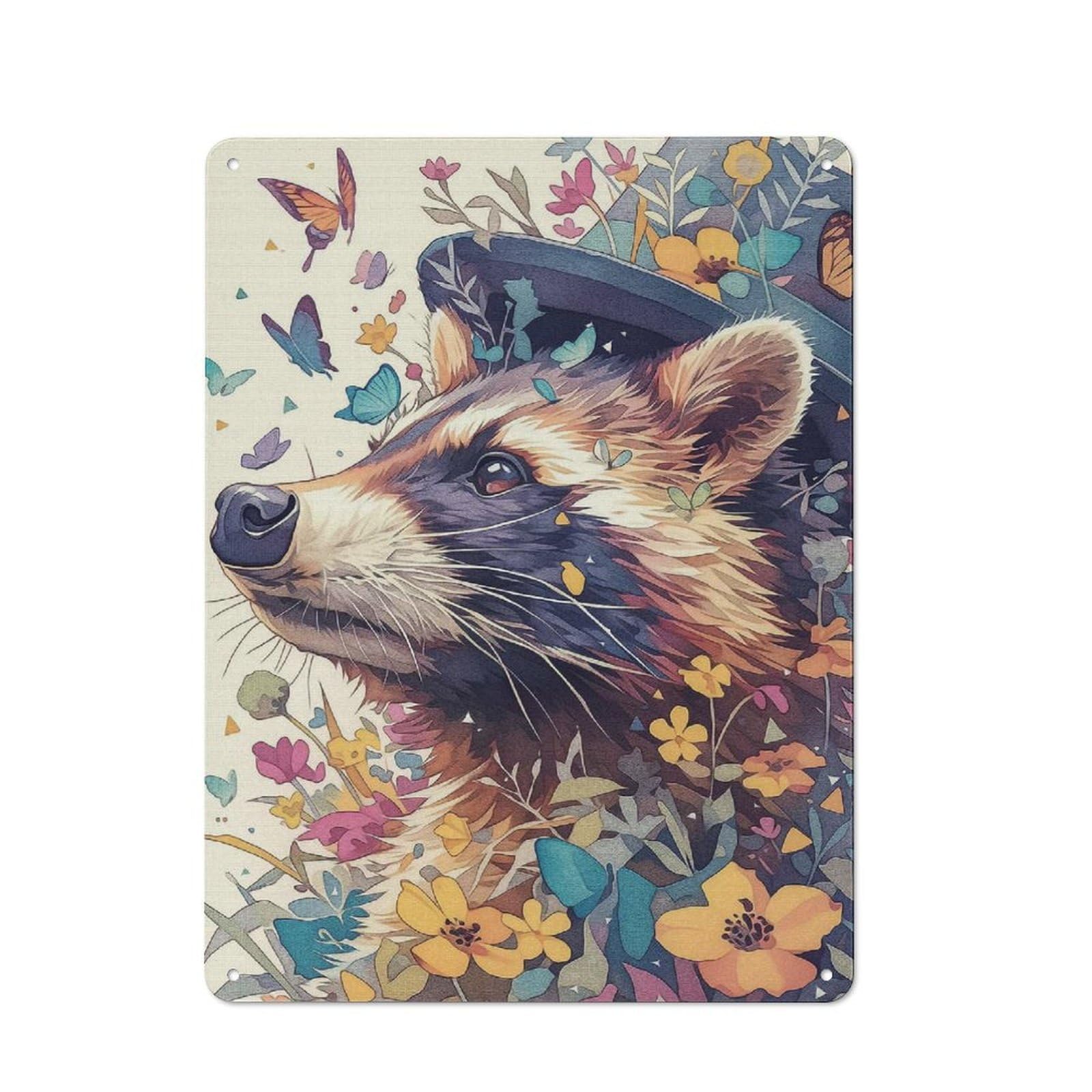Junmoney Style-24 Raccoon Fascination Cottage Style Metal Wall Decor 40X30cm, Tin Wall Plaque For Kitchen, Cottage, Porch Or Garden Room