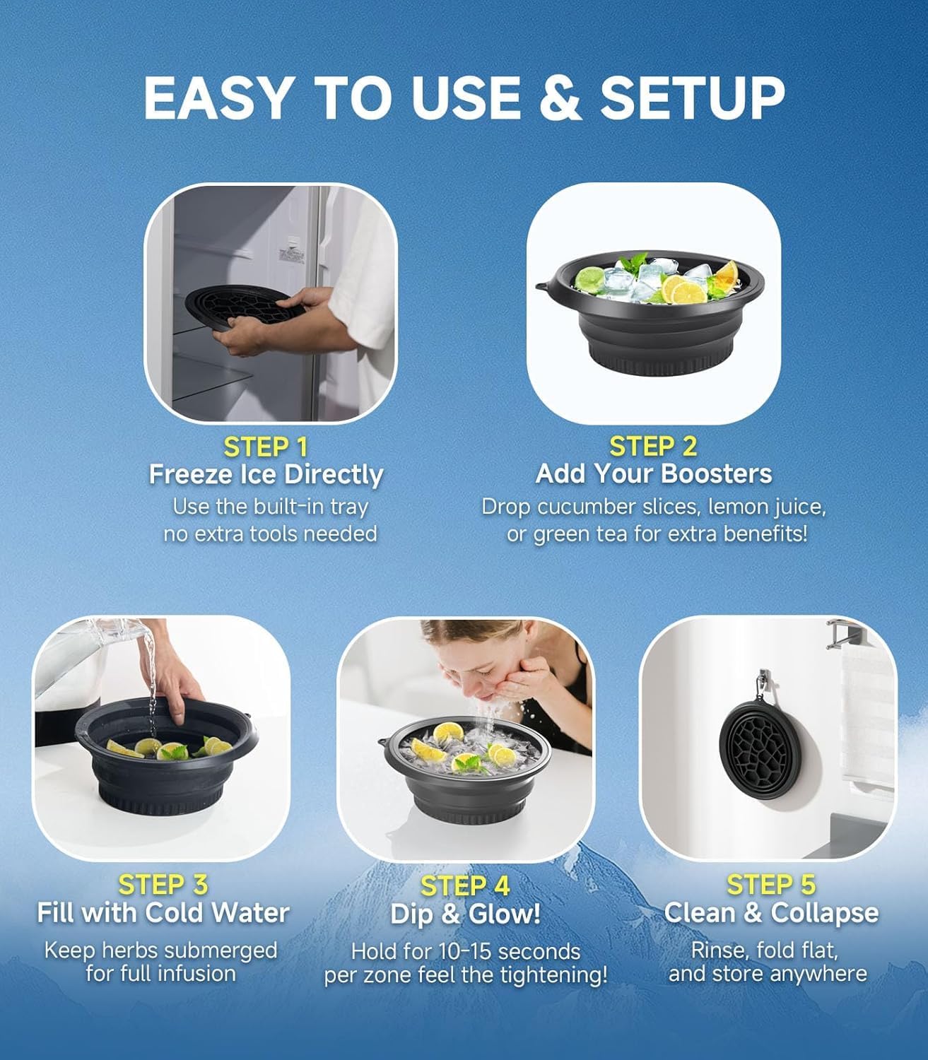 JHBK. Face Bowl for Ice with Built-in Icetray β Collapsible Silicone Facial Ice Bath Bowl for Easy Storage & Carrying,Face Ice Bath Bowl for Cold Plunge Therapy,Facial Plunge Bowl for Home & Travel (Black) 2