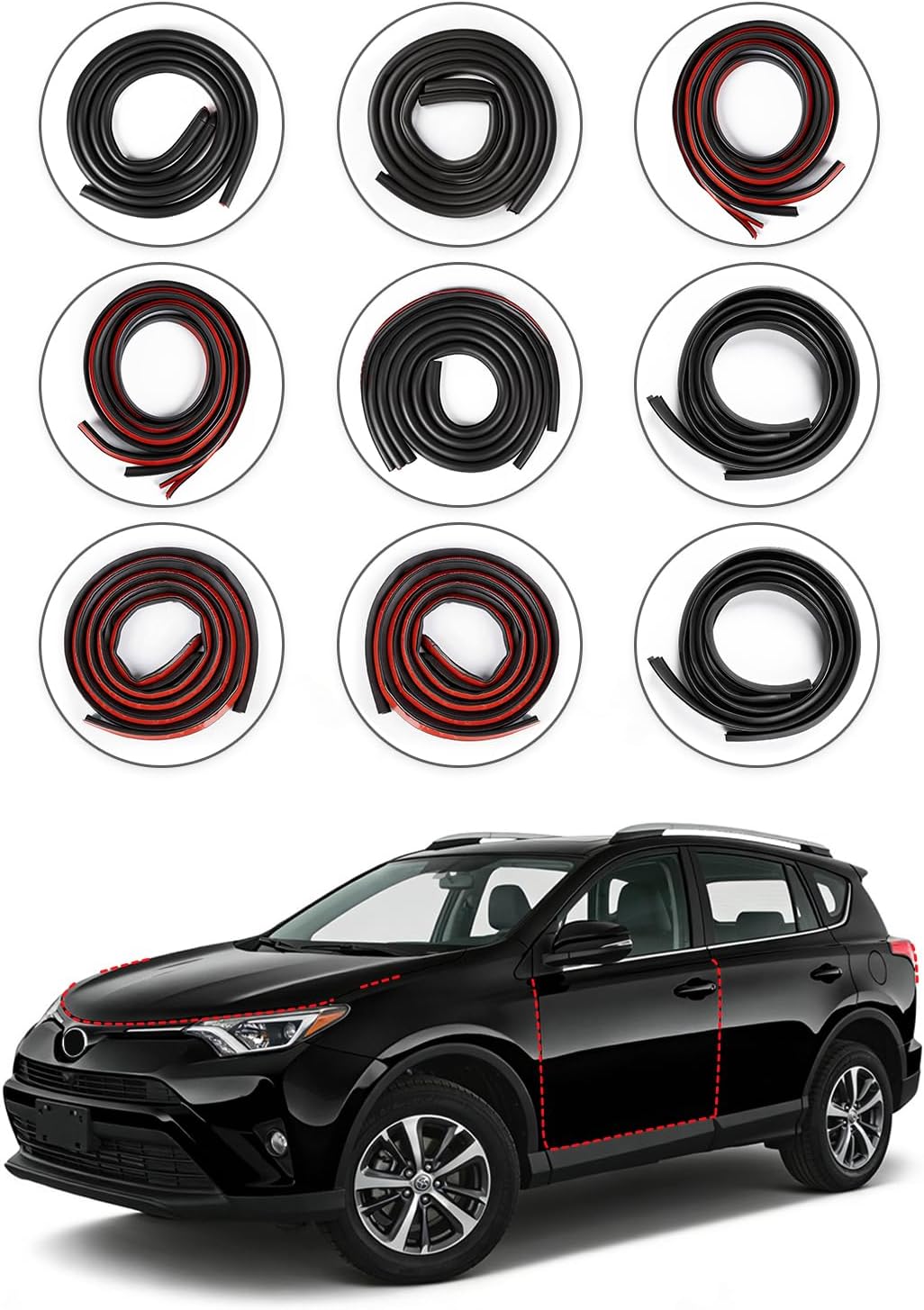 Weather Stripping Door Seal for Toyota RAV4 2014-2019, Rubber Seal Weather Strip Kit, Soundproof Noise Insulation Dustproof for Front/Rear Trunk A-Pillar B-Pillar Front/Rear Door (9-Pack)