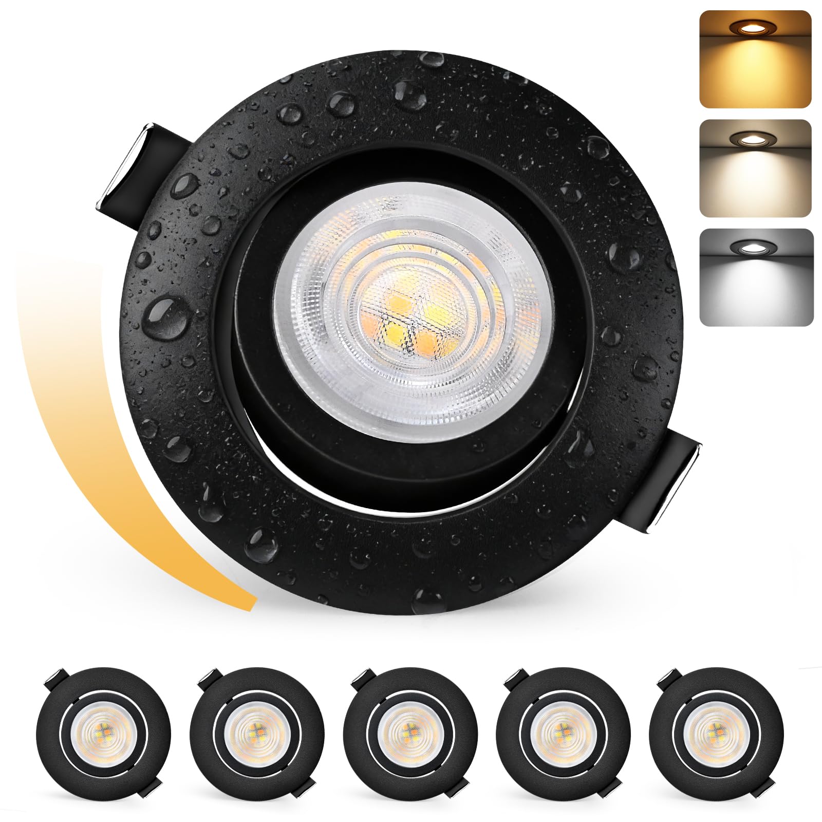 KYOTECH LED Einbaustrahler Dimmbar 230V 68-75mm, 5W 550LM Deckenspots 3000K/4000K/6500K, 45° Schwenkbar Einbauleuchten, LED Spot Ultra Flach IP44 Einbauspots für Badezimmer, Schwarz 6er Set