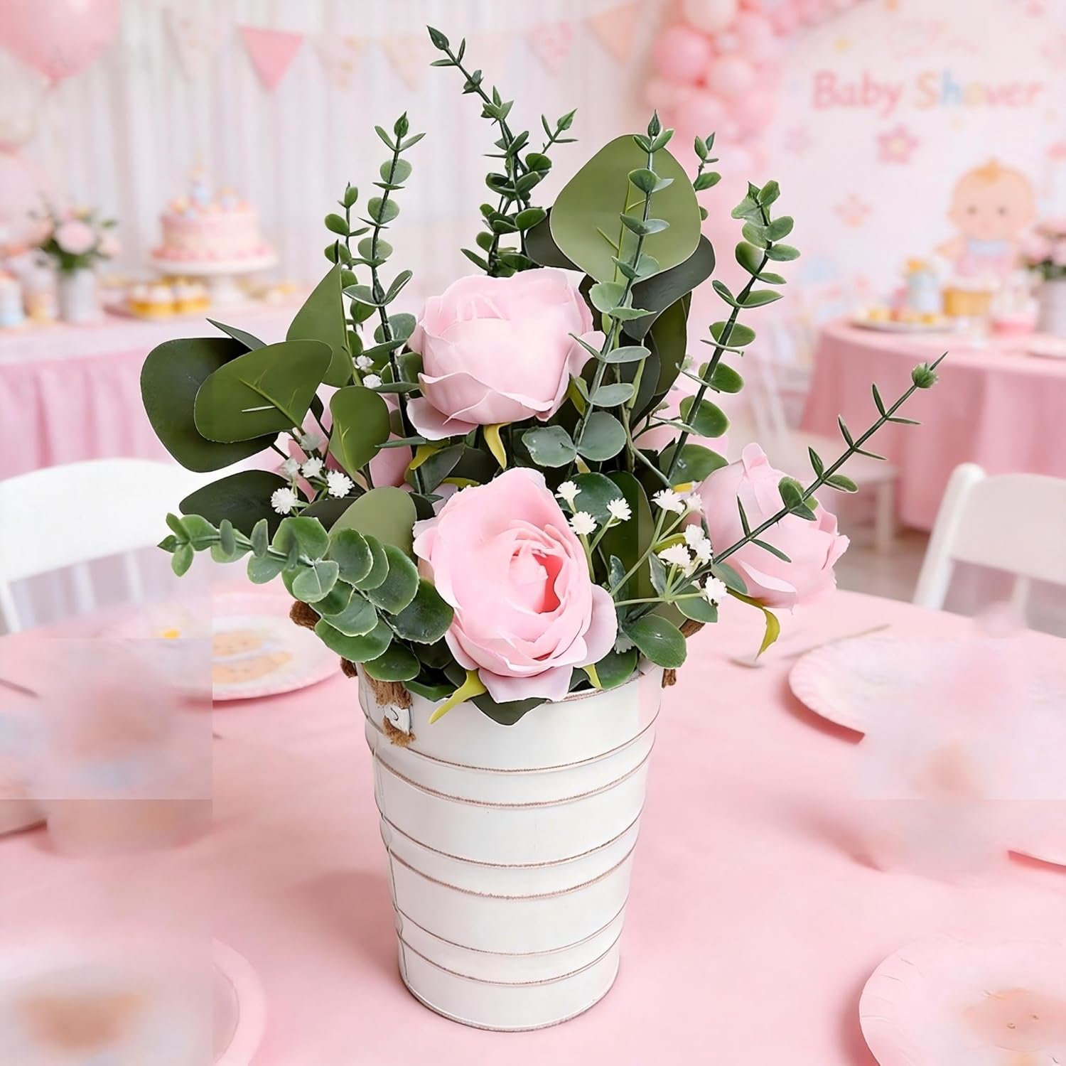 6 PCS Large Flower Table Centerpieces - 10 Inches Artificial Floral Arrangement with Rustic Tall Metal Vase for Wedding Birthday Party Bridal Baby Shower Event Decorations - Pink