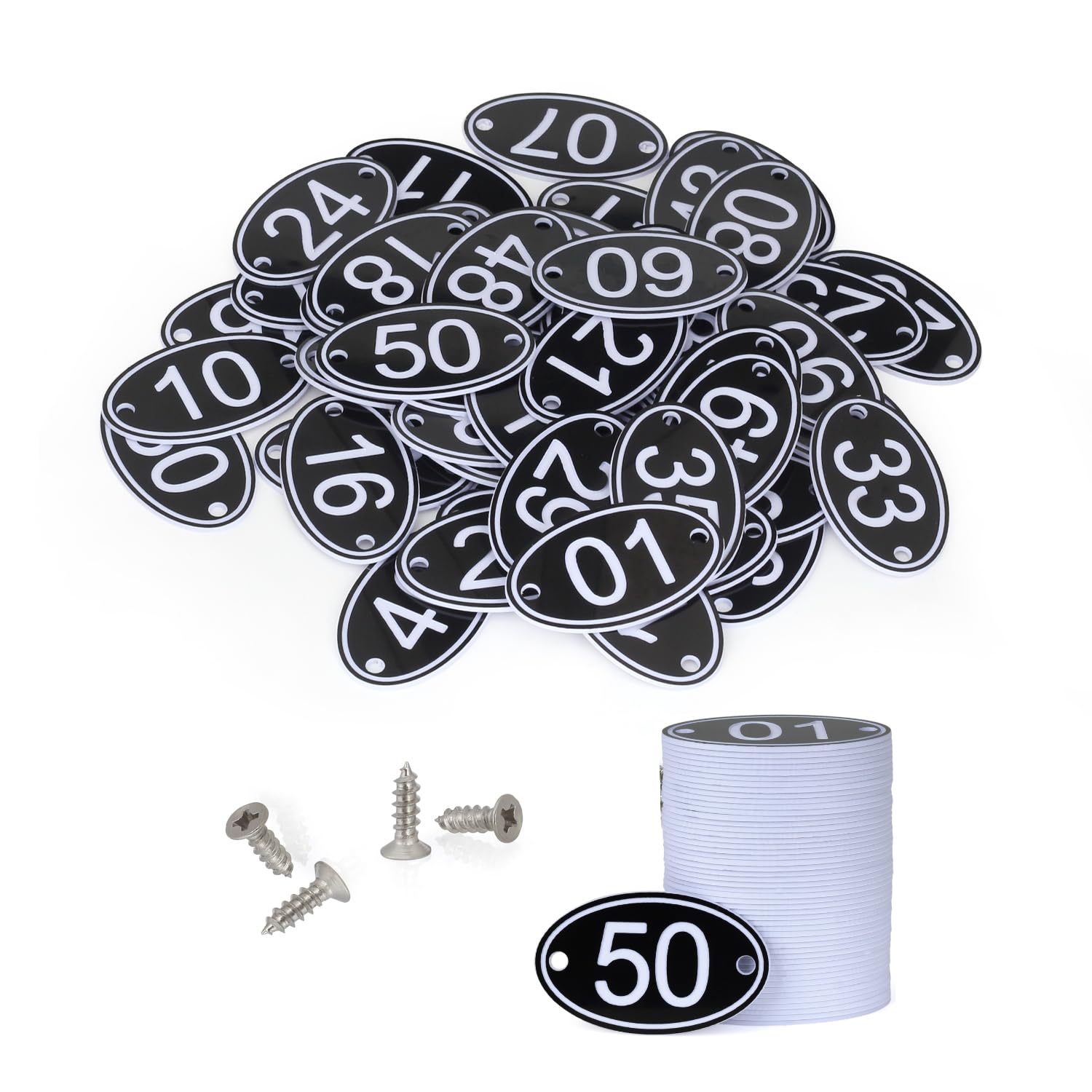 NanTun 500 Sets ABS Engraved Black Oval Table Numbers Locker Tags with Screws - 1 to 500