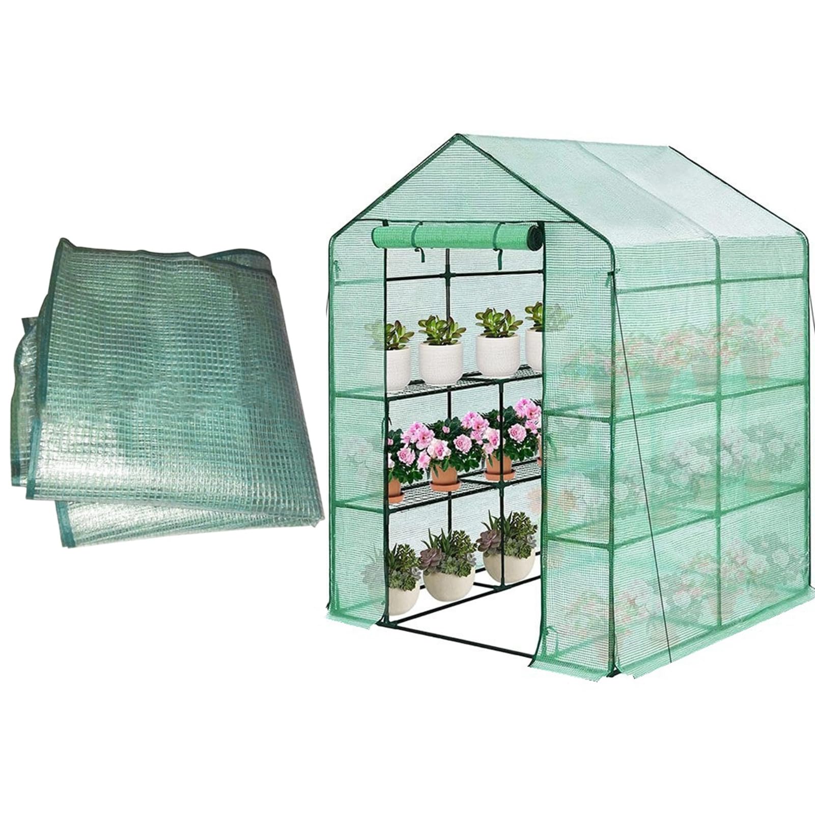 Copertura per Serra, 143 x 143 x 195 cm Serra da Giardino con Ingresso PE Impermeabile di Ricambio con Porta Isolamento Termico Antipioggia Serra Trasparente Verde