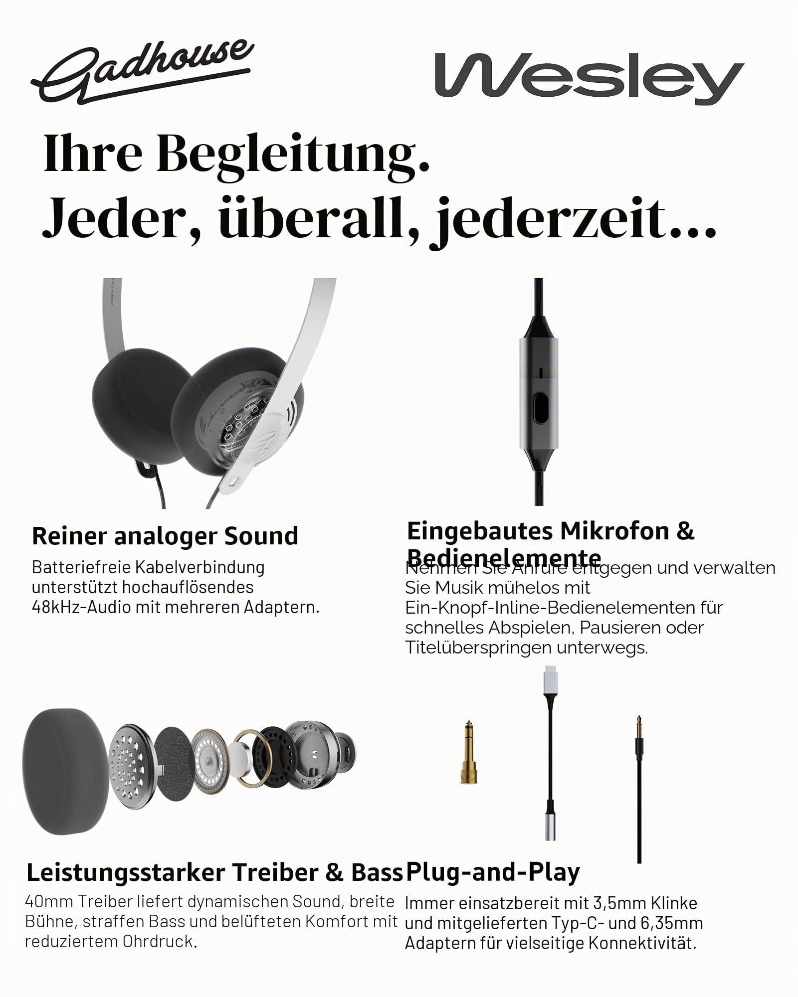 Gadhouse Wesley Retro-Kopfhörer mit USB-C und 3,5-mm-Konnektivität – Vintage-Kopfhörer, Walkman-Stil mit 40-mm-Treibern, Inline-Mikrofonsteuerung und leichtem 105-g-Design für Musik und Anrufe