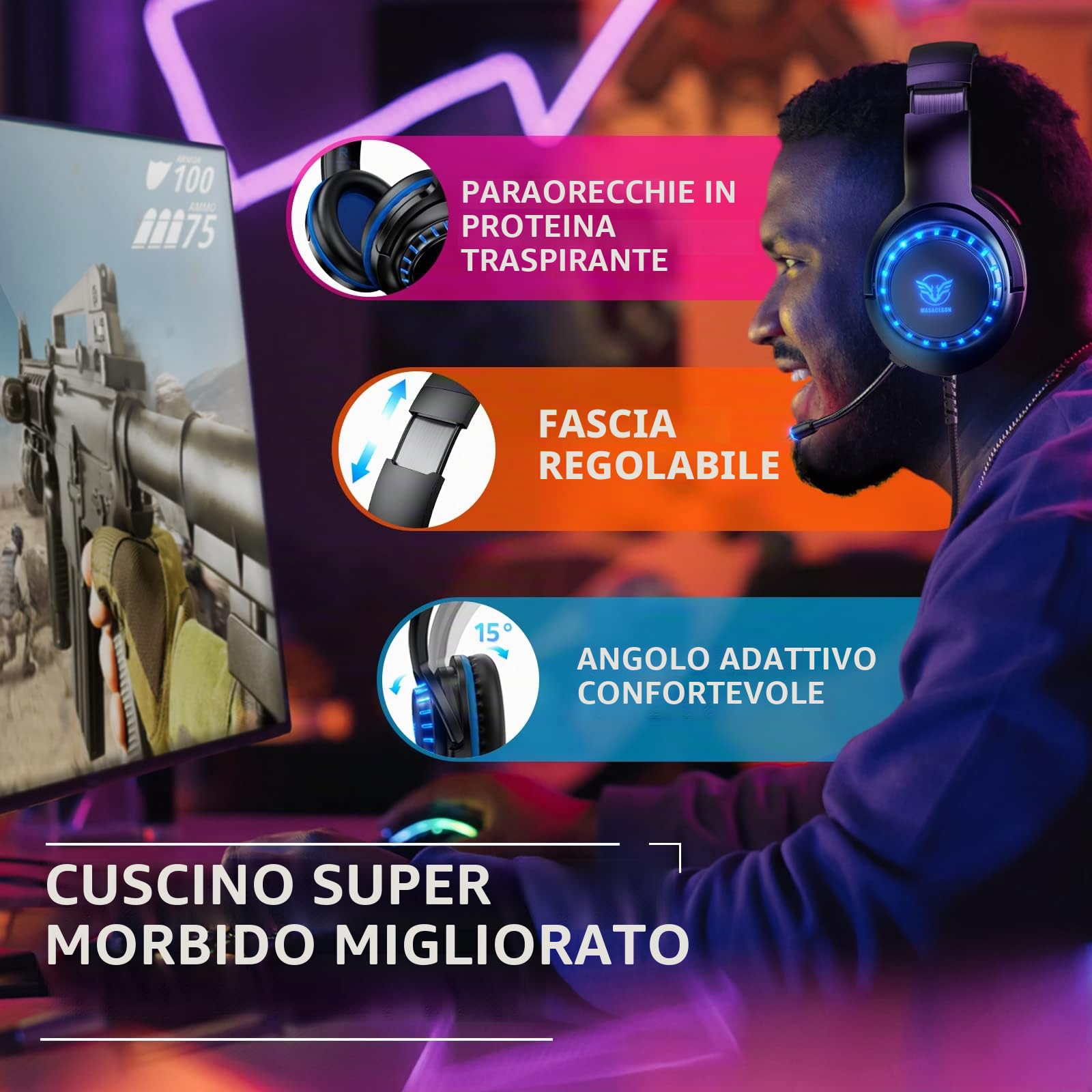 Cuffie Gaming per PS4 Cuffie PS4 Giochi con Microfono per Xbox One,PS5,PS4,Switch,PC,Mac Lampada LED Stereo Bass 3.5mm Surround Sound 7.1 Laptop Tablet Cuffie per Bambini(Nero Blu)