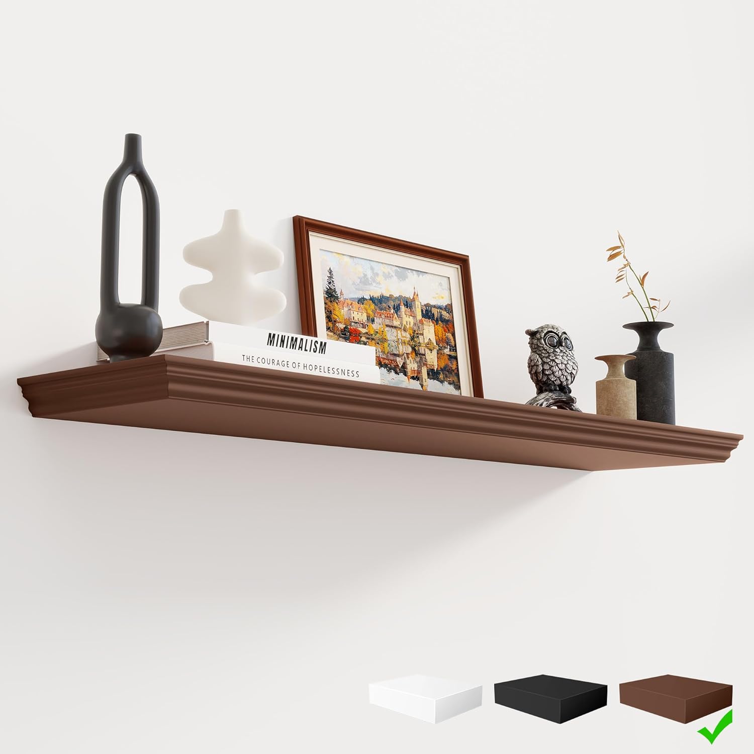 Fun Memories Floating Shelves 40 Inch Long, 9.3 Inch Deep Classic Crown Molding Floating Shelves for Wall, Rustic Wooden Shelves for Wall Decor Bathroom, Kitchen, Office, (Walnut, 1Pack)