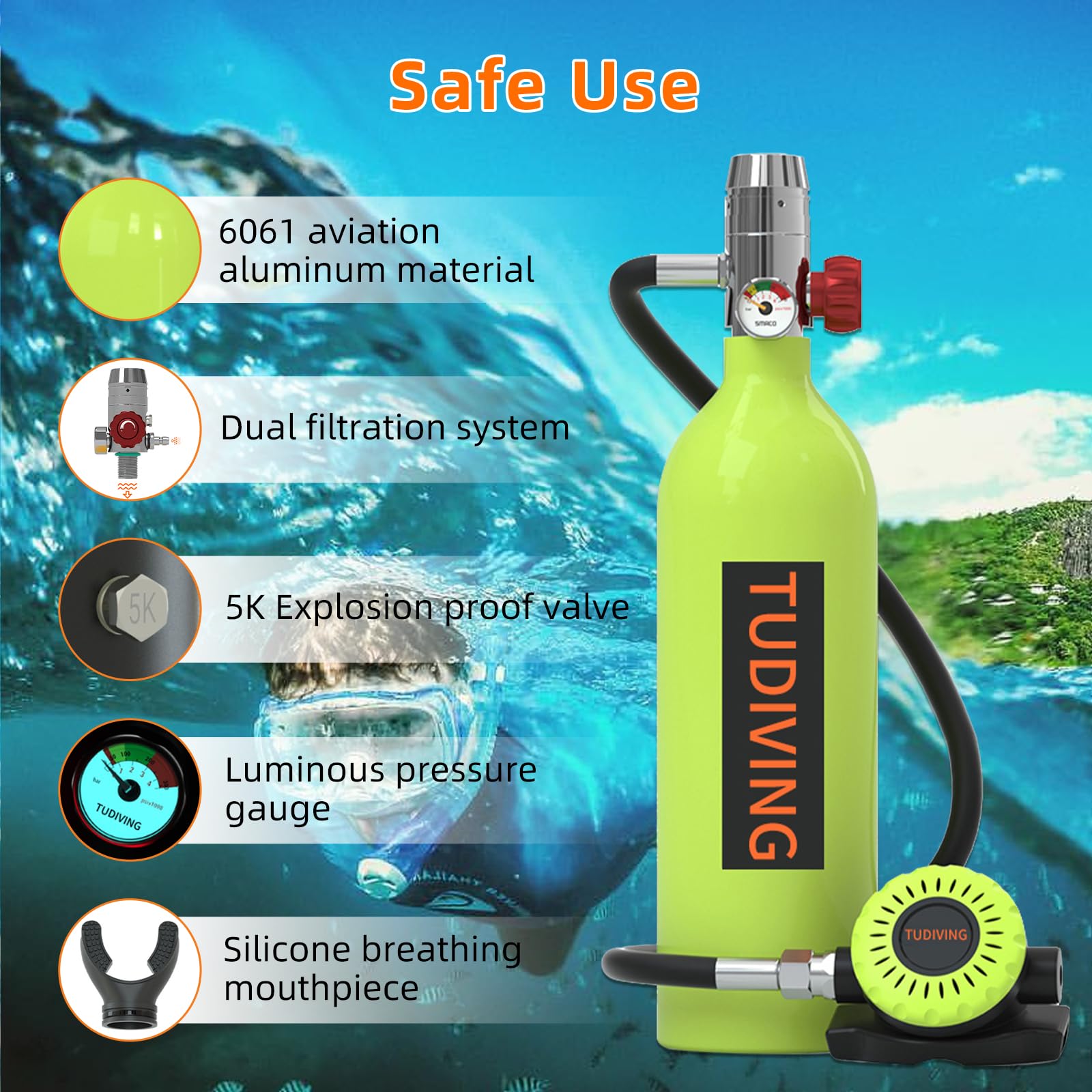 TUDIVING Tanque de Buceo portátil de 1 L, Tanque de Buceo portátil para 15-20 Minutos de respiración bajo el Agua, Mini Tanque de Buceo Reutilizable