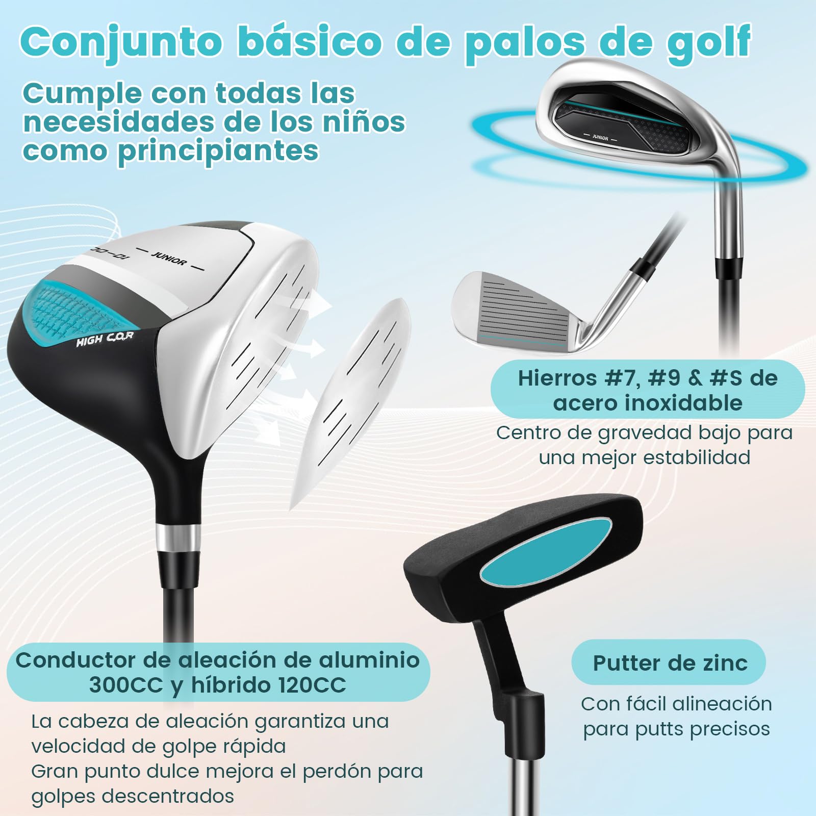 COSTWAY Juego de Palos de Golf para Niños de 11 a 13 Años, Incl. Bolsa de Soporte con Capucha para Lluvia, Conductor N.° 1, Híbrido N.° 5, Hierros y Putter N.° 7 N.° 9, para Diestros