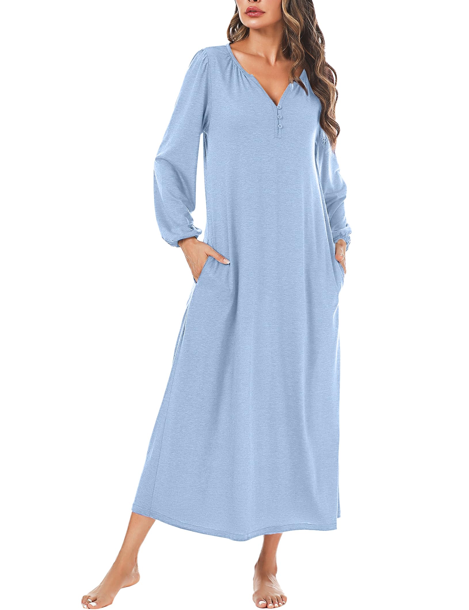 Marvmys Womens Cotton Long Sleeve Nightgown Long Sleepshirts Full Length Henley Sleep Dress with Pockets