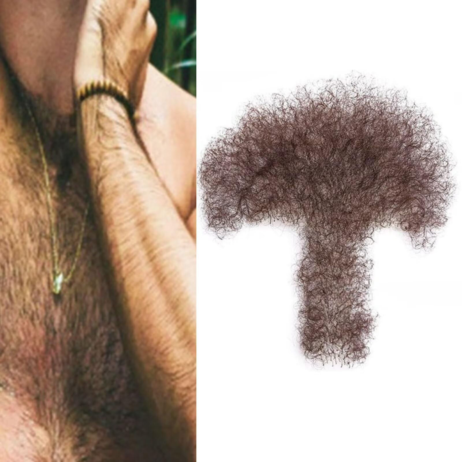 Braune künstliche Brusthaare, Körperhaare, die dem Haar mehr Volumen verleihen und die Männlichkeit steigern. Handgefertigter gefälschter, realistischer Brusthaar-Schnurrbart voller Spitze