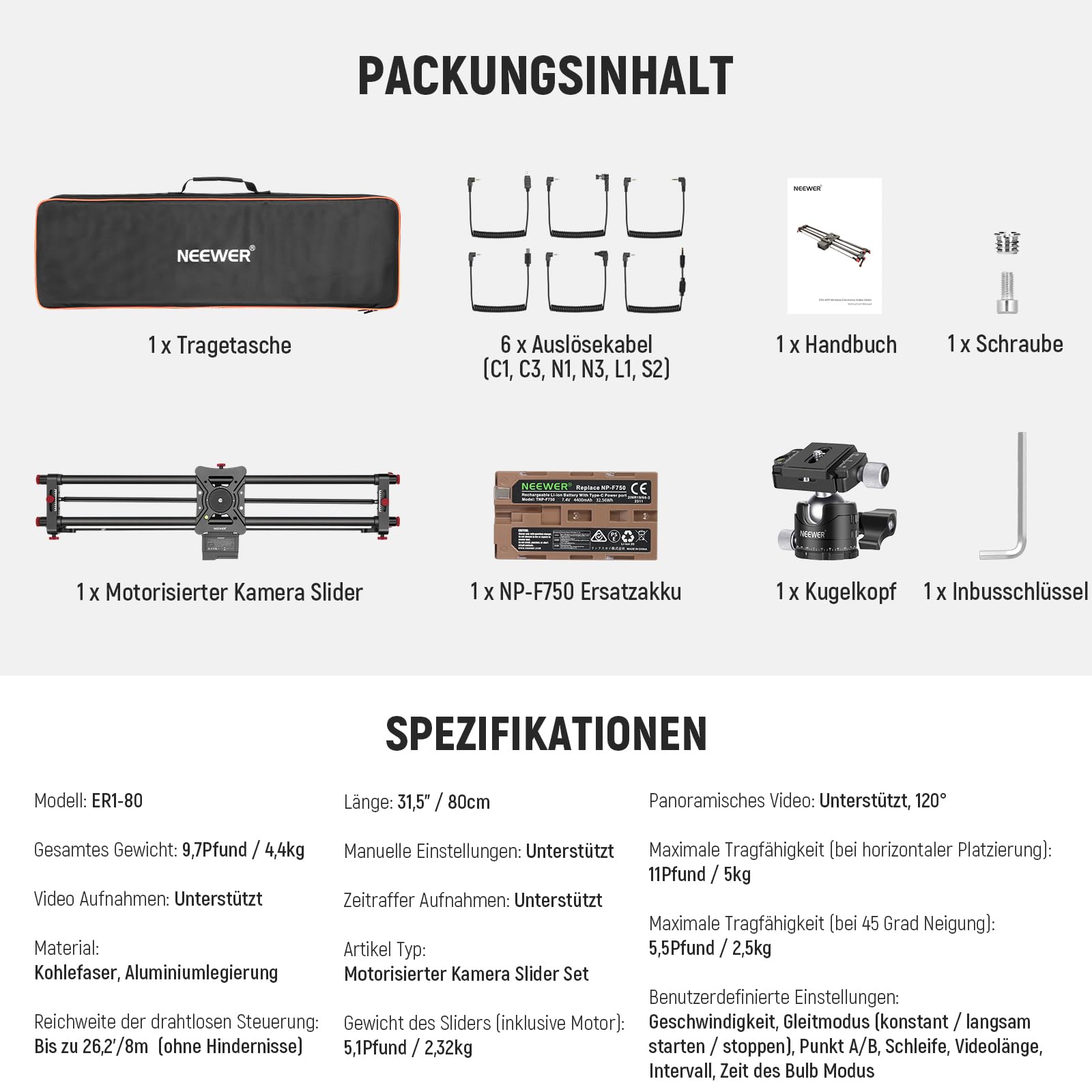 NEEWER 80cm motorisierter Kameraschlitten, DSLR Kohlefaser Dolly Schienenslider mit App Steuerung, 4400mAh F750 Akku für Zeitrafferaufnahmen, unterstützt Videomodus, Ladegerät Nicht enthalten, ER1-80