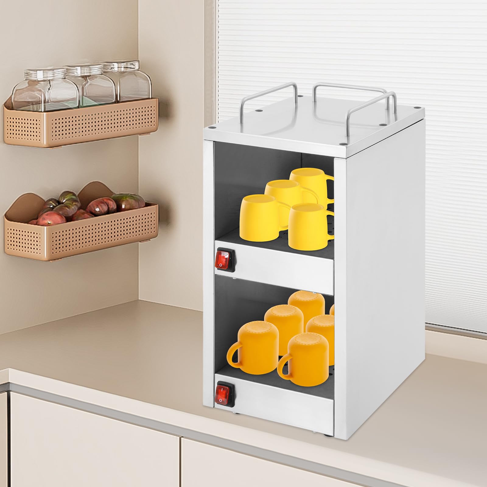 Calentador de tazas profesional de acero inoxidable con compartimentos térmicos de dos niveles, calentador de platos, calentador de platos eléctrico, vitrina caliente para gastronomía, 25 x 32 x 55,5