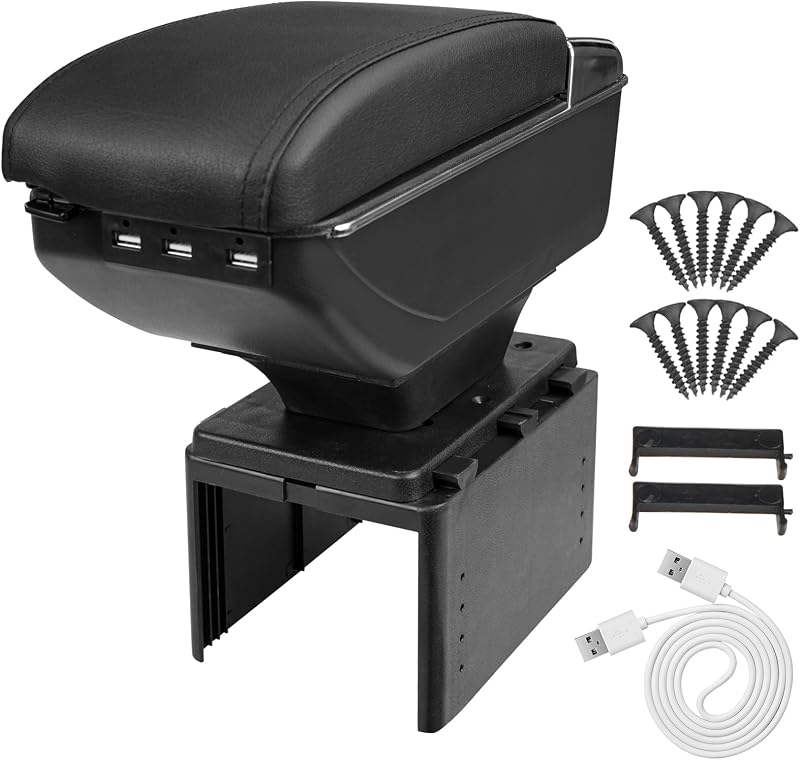 Caixa de apoio de braço automotivo Htostar Racing com armazenamento duplo, couro preto e portas USB – 12 parafusos