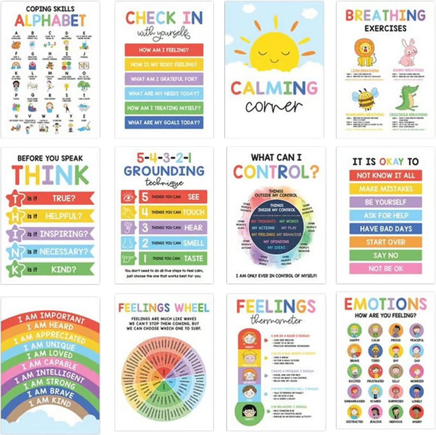 Calming Corner For Kids,12 Pieces Calm Down Corner Coping Skills Posters,Stress Management & Zones Of Regulation Wall Charts,for Preschool Home Toddler Teachers Program Space Bedroom