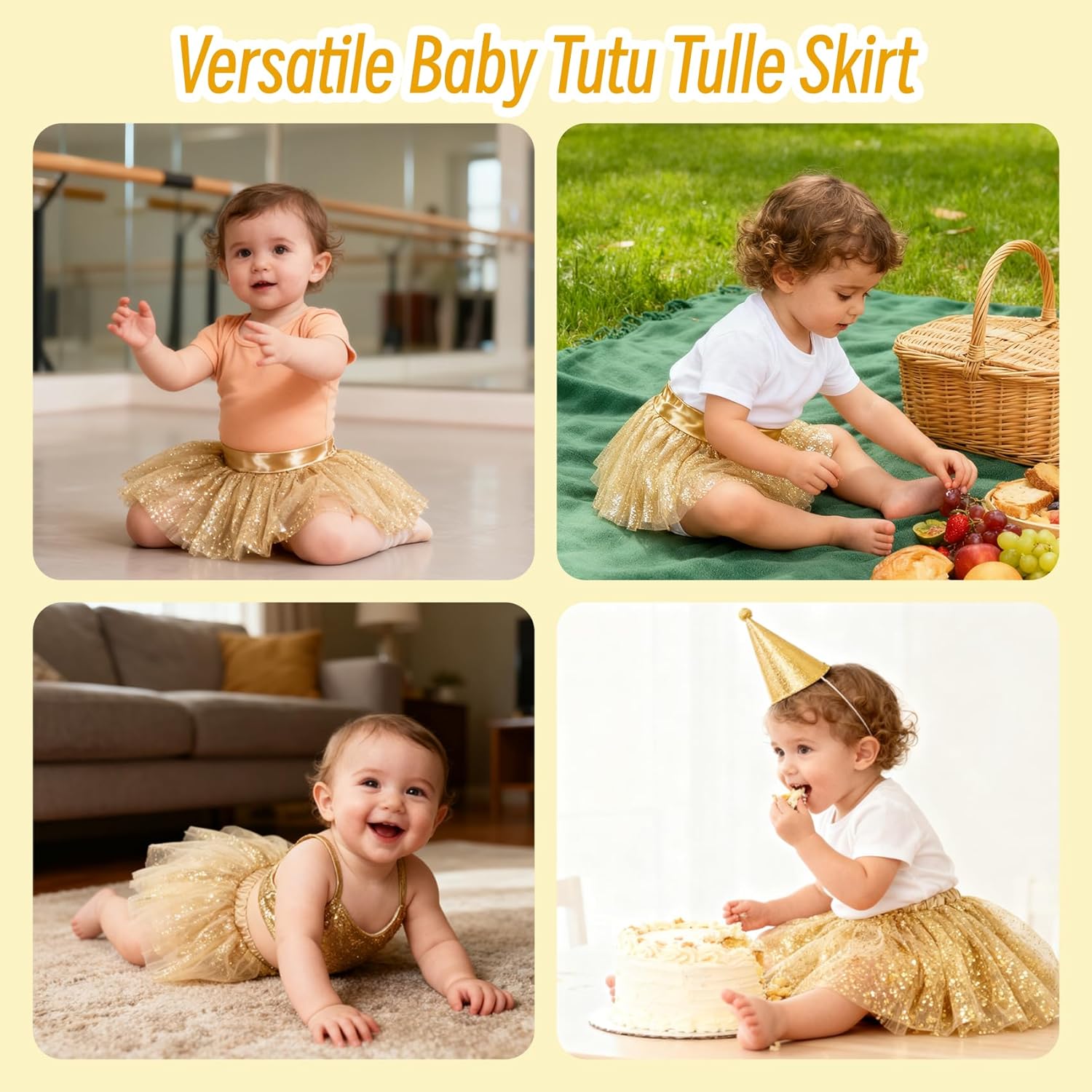 Newborn Infant Baby Professional 3 Layers Sequin Tutu Tulle Skirt (6-18month, Gold) - Image 2