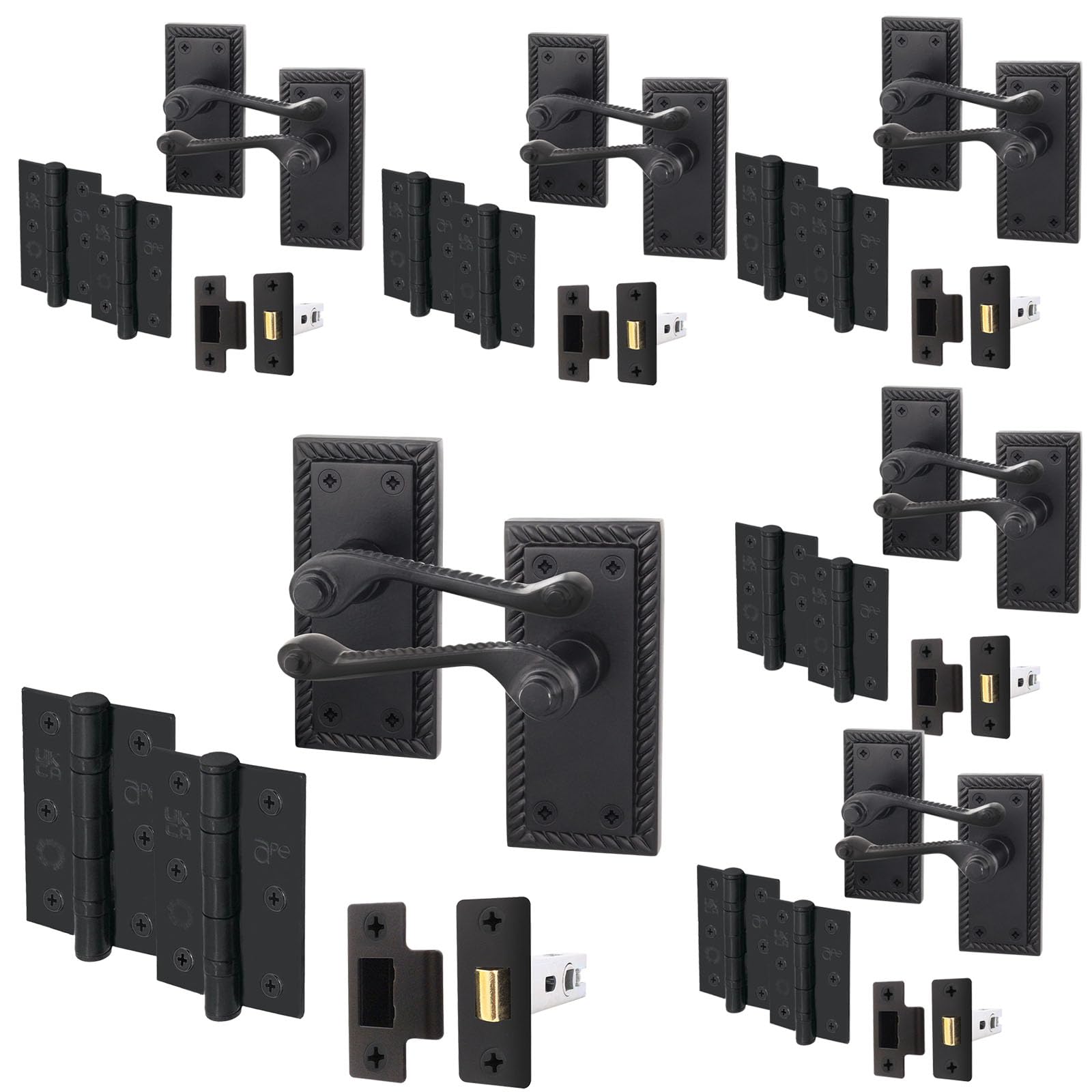 Eai Matt Black Georgian Scroll Door Handle Latch Set - 6 Pairs Internal Handles, Hinges (76Mm) & Latch (64Mm) - Rope Design