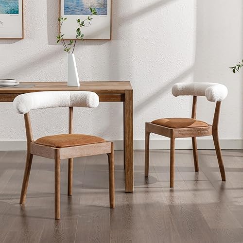 chairus Mid Century - Juego de 2 cómodas sillas laterales de madera sintética con sherpa blanco tapizado con respaldo abierto curvado, juego de
