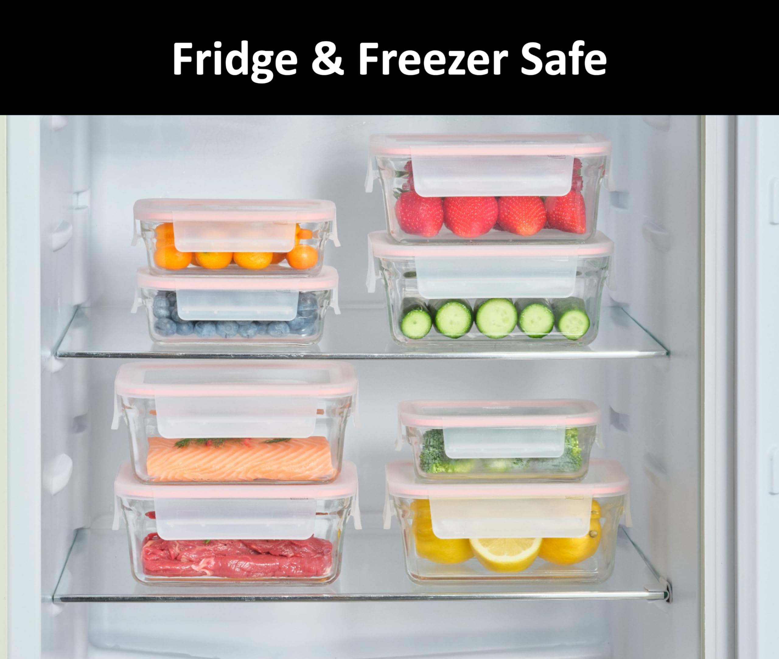 GLASSLOCK Smart - Set di 20 contenitori per alimenti in vetro, 100% ermetici e a prova di perdite, coperchi senza BPA, adatti al congelatore e al forno