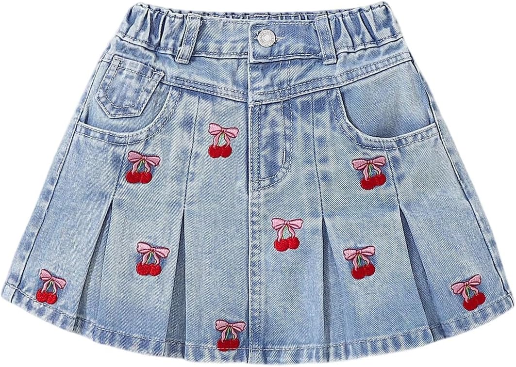 WDIRARA Girl's Bow Cherry Embroidered Denim Skirt Elastic High Waisted Mini Pleated Jean Skirts