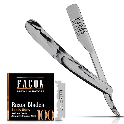 Miniatura 105 de Facón - Maquinilla de afeitar recta para hombre, kit profesional de afeitar de borde recto con 100 cuchillas, afeitadora barbero japonesa de acero