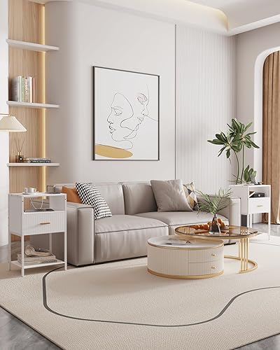 Miniatura 7 de Mesita de noche blanca con estación de carga, mesa auxiliar acanalada con cajón, moderna mesita de noche con estantes abiertos para sala de estar,