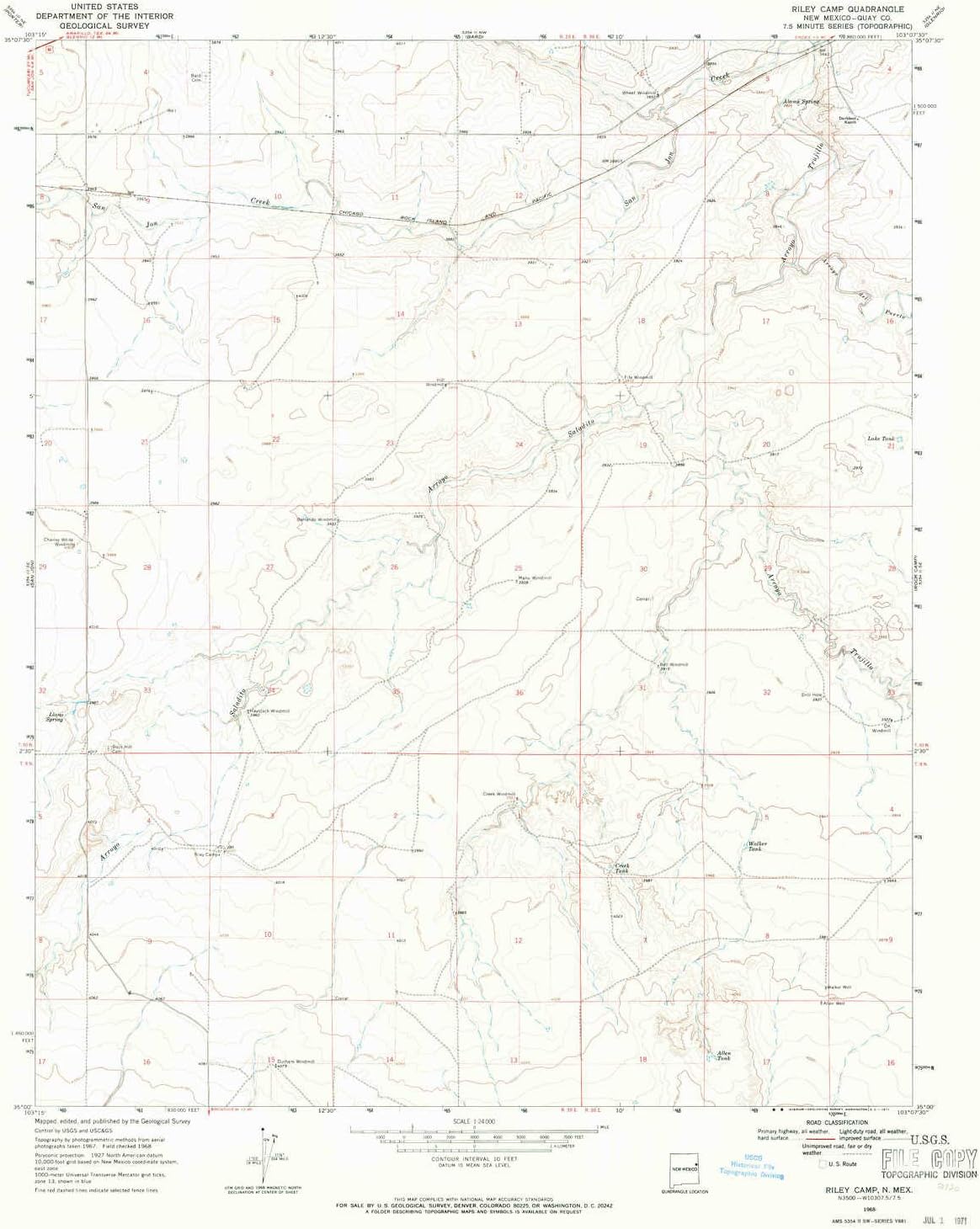 YellowMaps Riley Camp NM topo map, 1:24000 Scale, 7.5 X 7.5 Minute, Historical, 1968, Updated 1971, 26.9 x 21.8 in - Tyvek