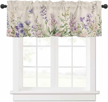 Flowers Lavender Valances Window Treatment Farmhouse Decor, Retro Cottagecore Blooms Green Leaf Rod Pocket Valance Curtains for Living Room, Bedroom, Kitchen, 54" W x 18" L - 1 Panel