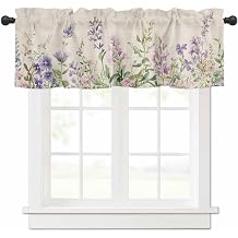 Flowers Lavender Valances Window Treatment Farmhouse Decor, Retro Cottagecore Blooms Green Leaf Rod Pocket Valance Curtains for Living Room, Bedroom, Kitchen, 54" W x 18" L - 1 Panel