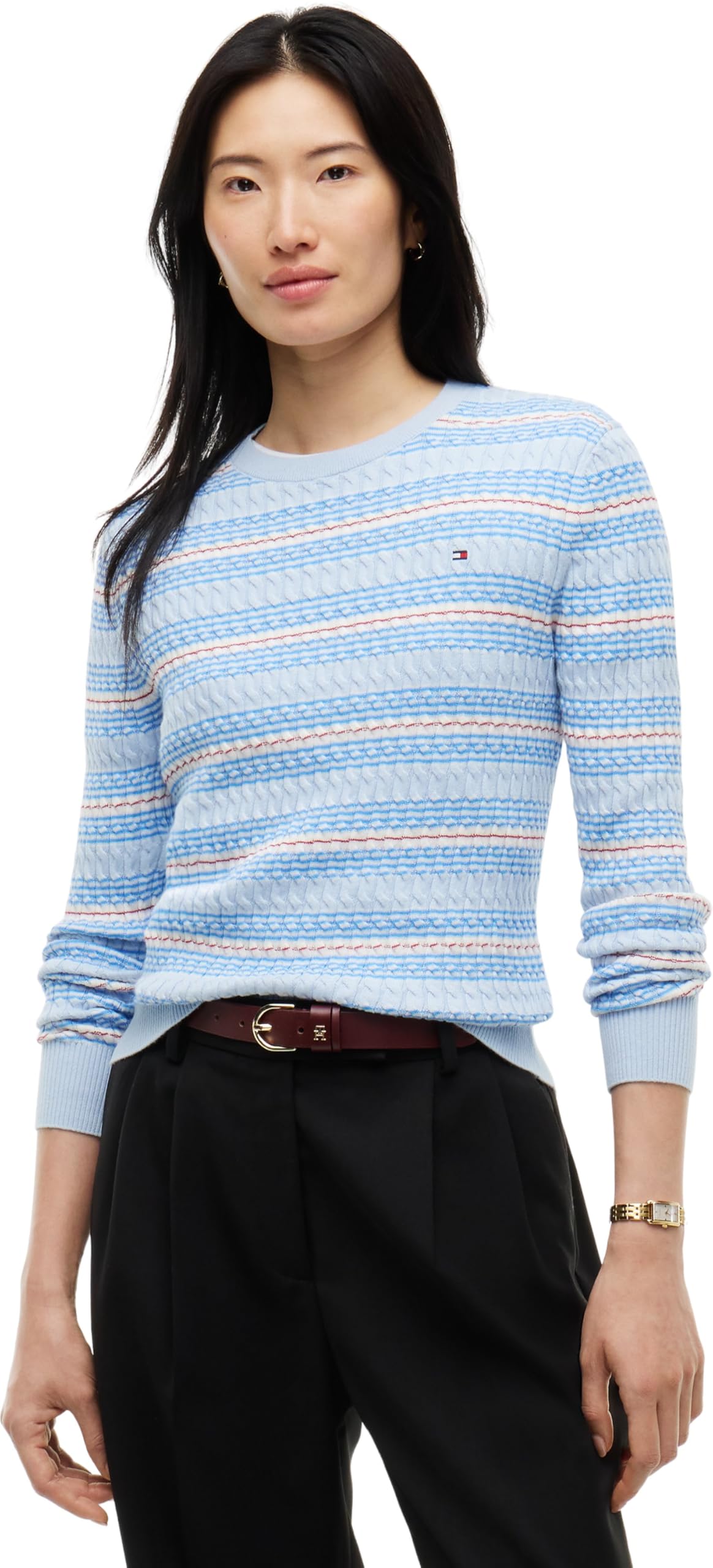 Tommy Hilfiger Damen Co Cable C-nk Ls Sweater Ww0ww44993 Pullover Sweater, Soho STP Sky Blue Ecru, XXS