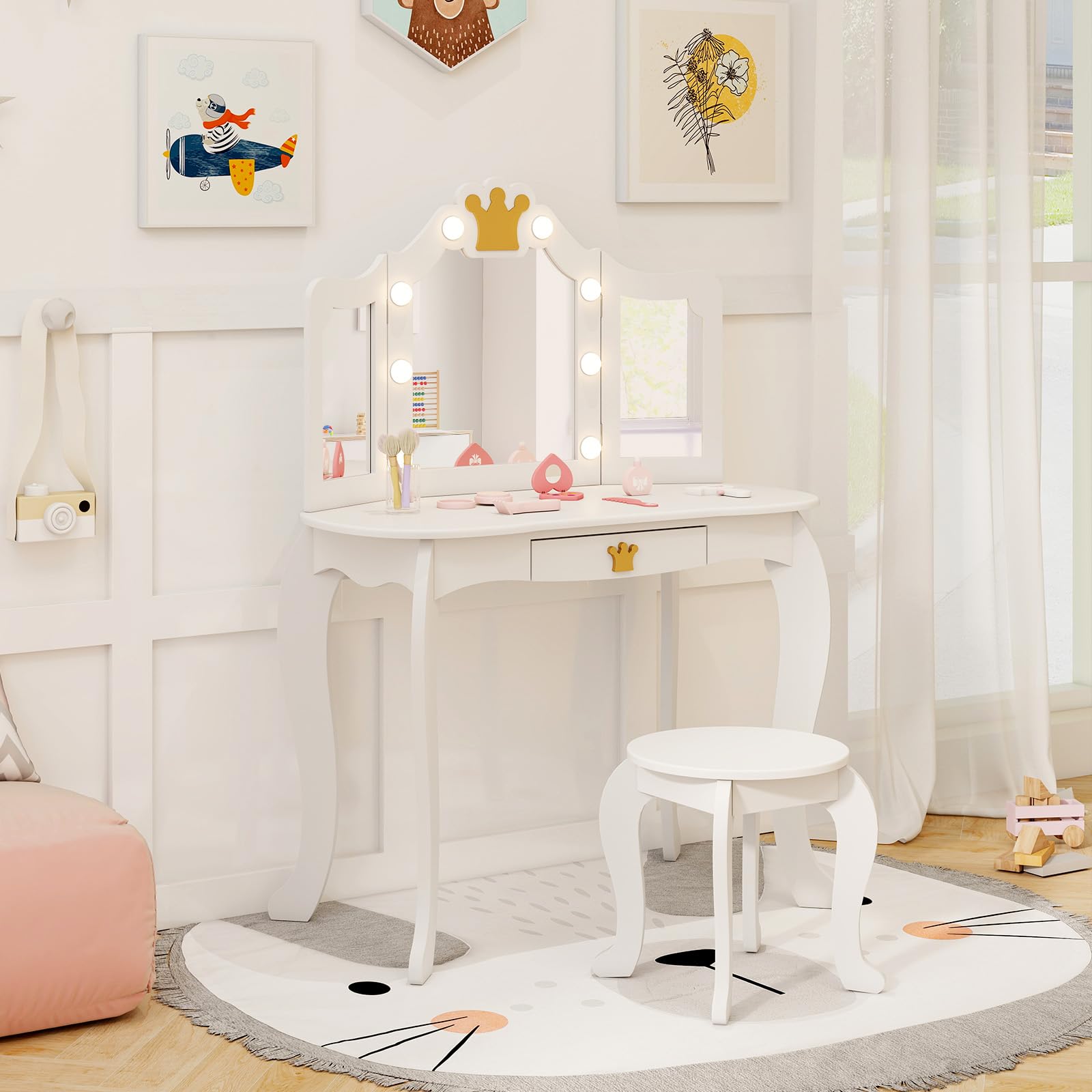 COSTWAY Set Toeletta Trucco per Bambina con Sgabello, Tavolo Trucco Triplo Specchio Staccabile con Luci LED a 3 Colori, Postazione Trucco con Cassetto e Accessori, per Bambine 3-7 Anni (Bianco)