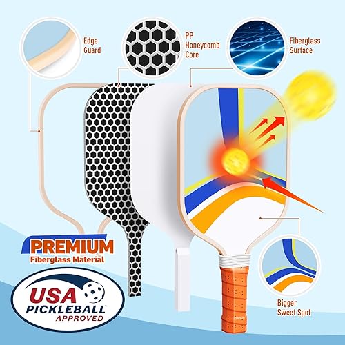 Miniatura 10 de Juego de palas de pickleball aprobadas por USAPA, con superficie de fibra de vidrio, juego de 24 con 4 bolas de pickleball, 24 toallas de